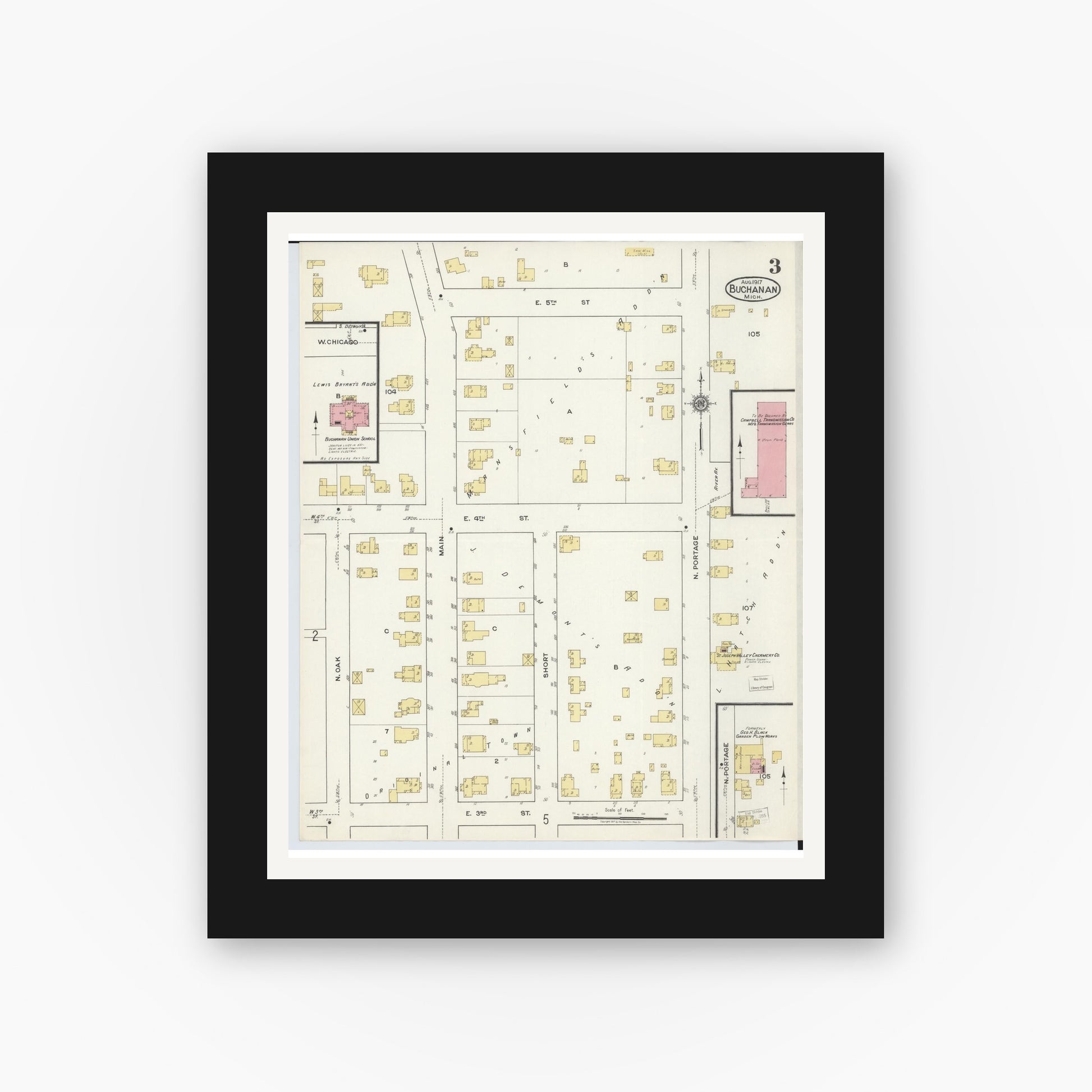 Old map wall art mockup — black gallery frame with white mat — Sanborn Fire Insurance Map from Buchanan, Berrien County, Michigan (1917), Sheet #0003