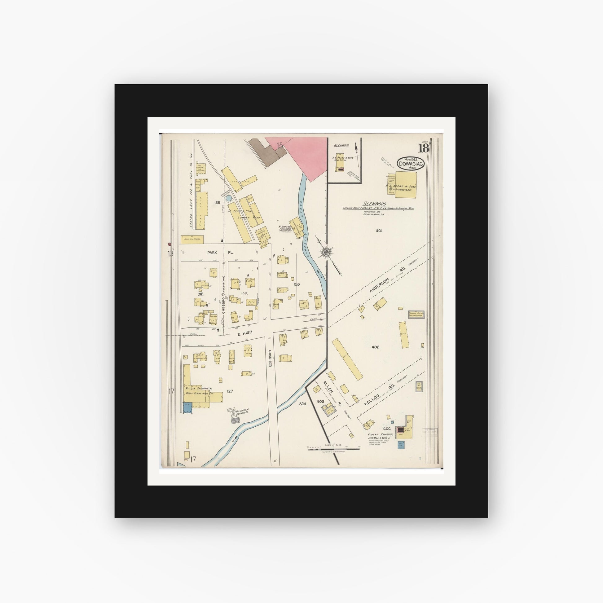 Old map wall art mockup — black gallery frame with white mat — Sanborn Fire Insurance Map from Dowagiac, Cass County, Michigan (1922), Sheet #0018
