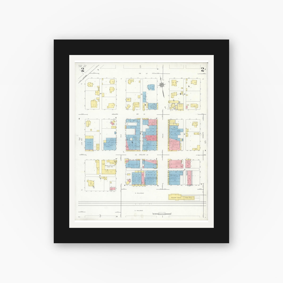 Old map wall art mockup — black gallery frame with white mat — Sanborn Fire Insurance Map from Hico, Hamilton County, Texas (1934), Sheet #0002