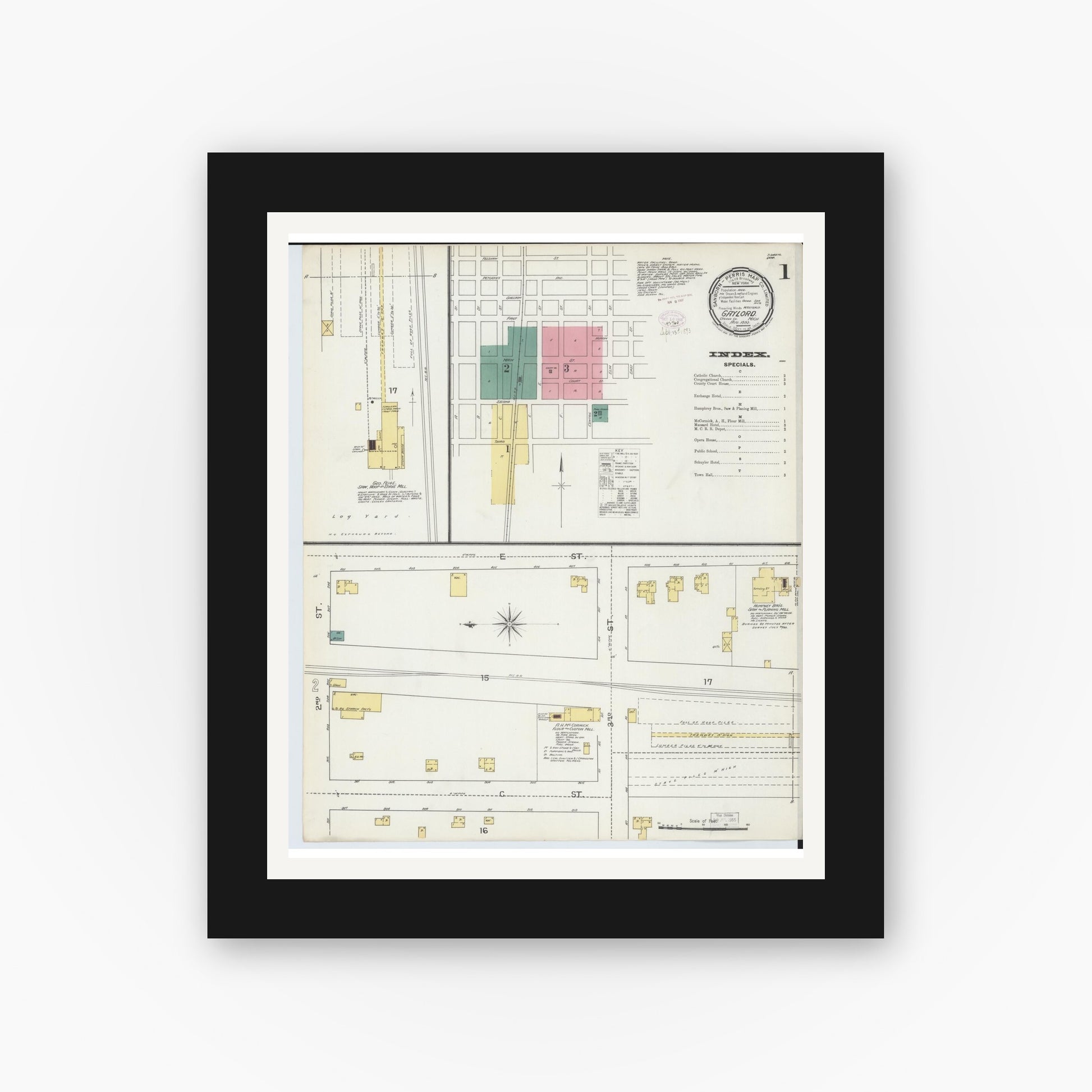 Old map wall art mockup — black gallery frame with white mat — Sanborn Fire Insurance Map from Gaylord, Otsego County, Michigan (1893) - Complete Map Set