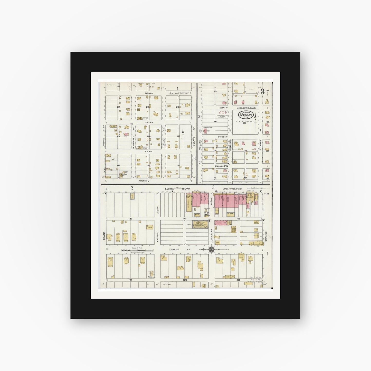 Old map wall art mockup — black gallery frame with white mat — Sanborn Fire Insurance Map from Mission, Hidalgo County, Texas (1919), Sheet #0003