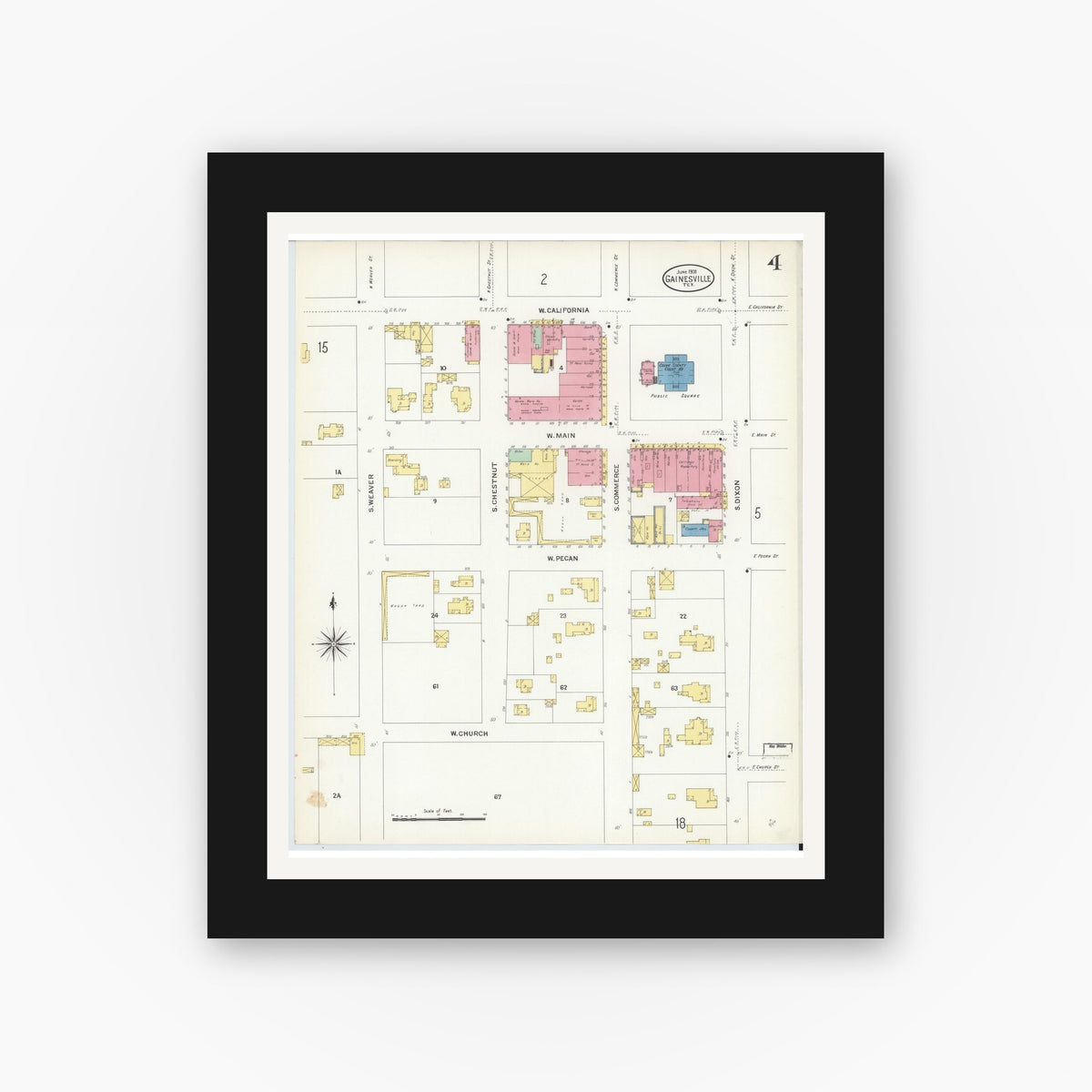 Old map wall art mockup — black gallery frame with white mat — Sanborn Fire Insurance Map from Gainesville, Cooke County, Texas (1908), Sheet #0004