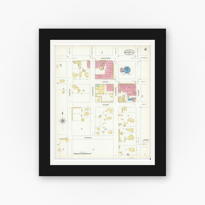 Old map wall art mockup — black gallery frame with white mat — Sanborn Fire Insurance Map from Gainesville, Cooke County, Texas (1908), Sheet #0004