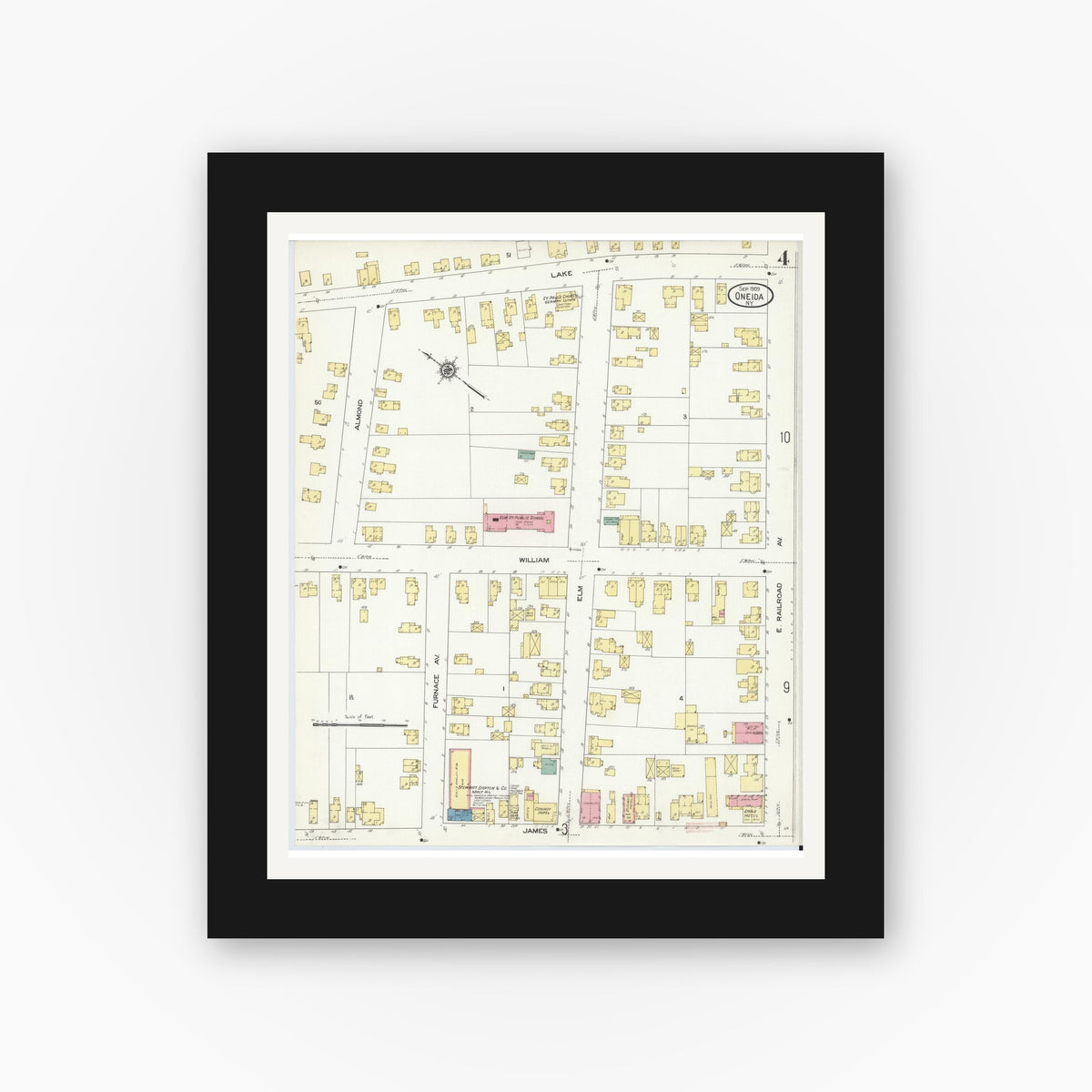 Old map wall art mockup — black gallery frame with white mat — Sanborn Fire Insurance Map from Oneida, Madison County, New York (1909), Sheet #0004