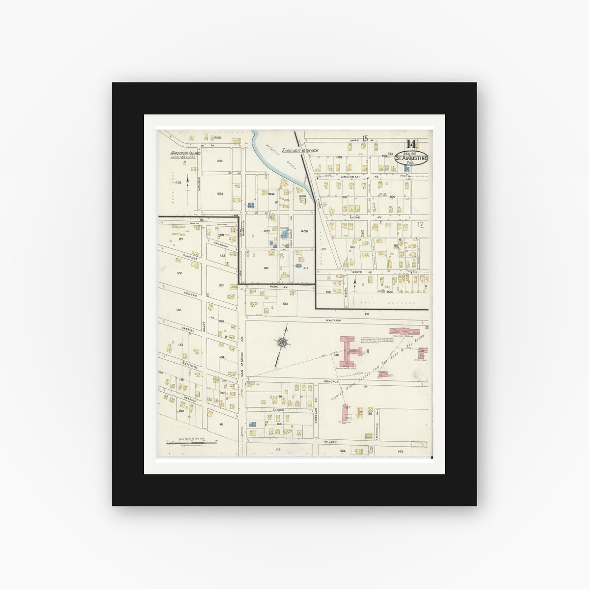Old map wall art mockup — black gallery frame with white mat — Sanborn Fire Insurance Map from Saint Augustine, Saint John's County, Florida (1917), Sheet #0014