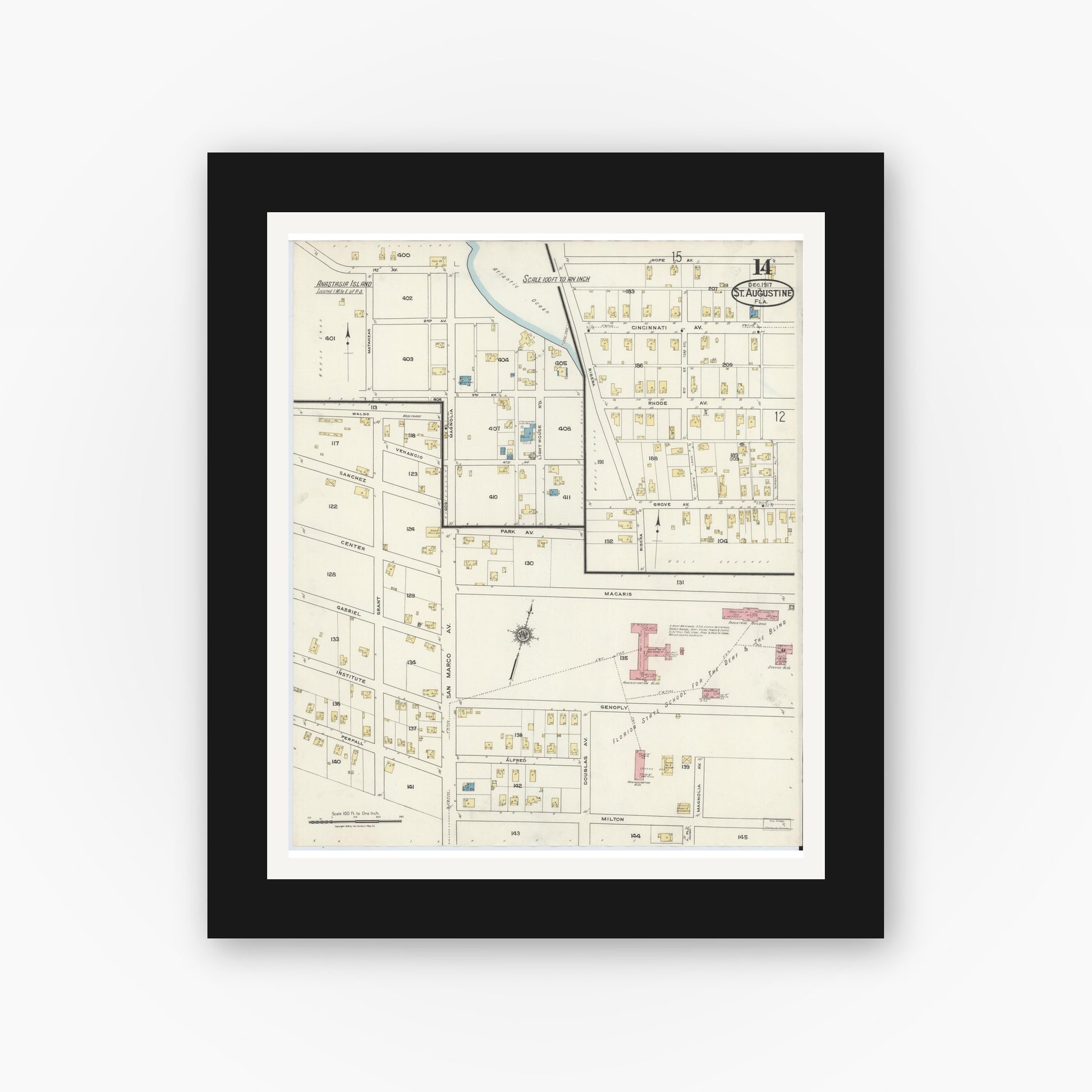 Old map wall art mockup — black gallery frame with white mat — Sanborn Fire Insurance Map from Saint Augustine, Saint John's County, Florida (1917), Sheet #0014