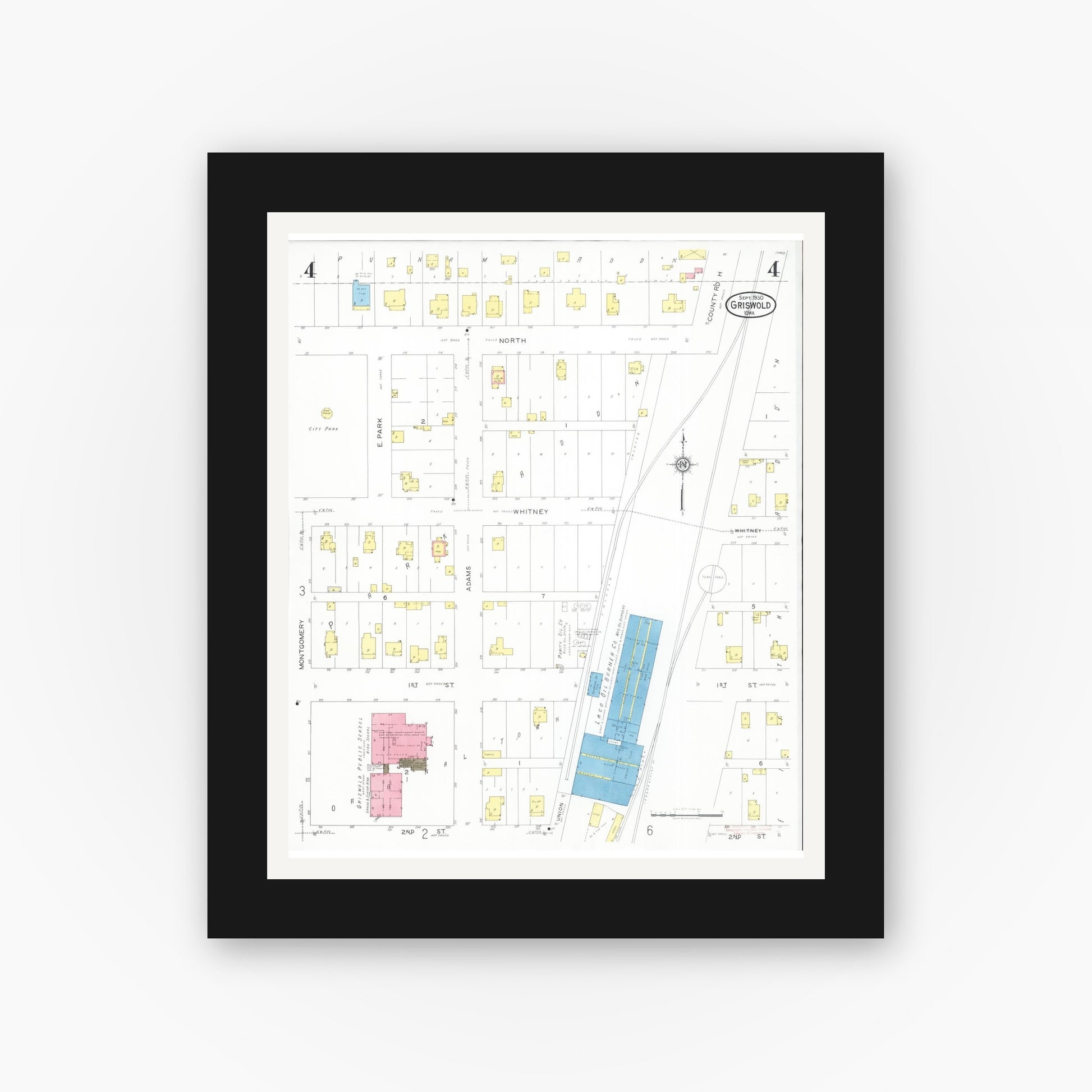 Old map wall art mockup — black gallery frame with white mat — Sanborn Fire Insurance Map from Griswold, Cass County, Iowa (1930), Sheet #0004