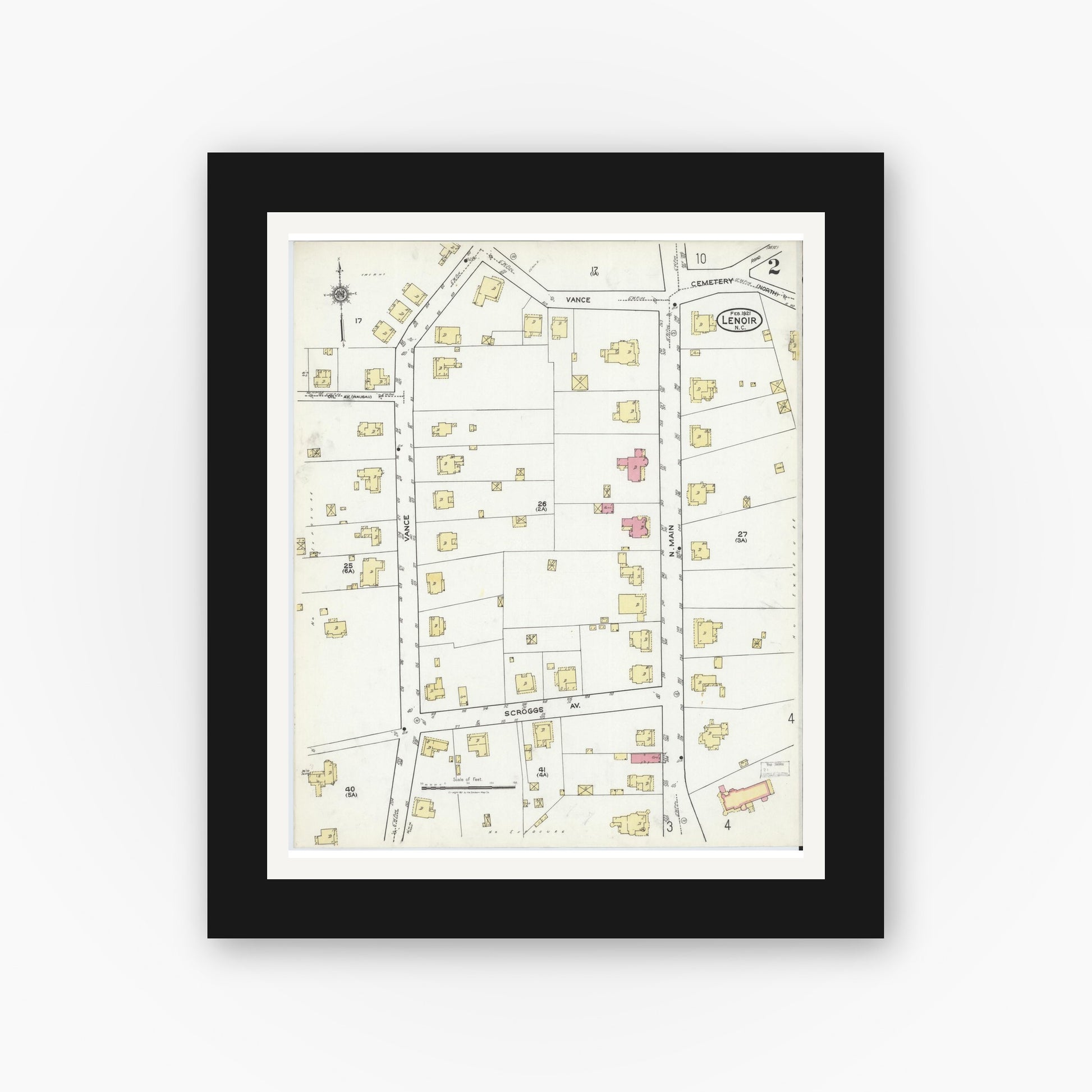 Old map wall art mockup — black gallery frame with white mat — Sanborn Fire Insurance Map from Lenoir, Caldwell County, North Carolina (1921), Sheet #0002