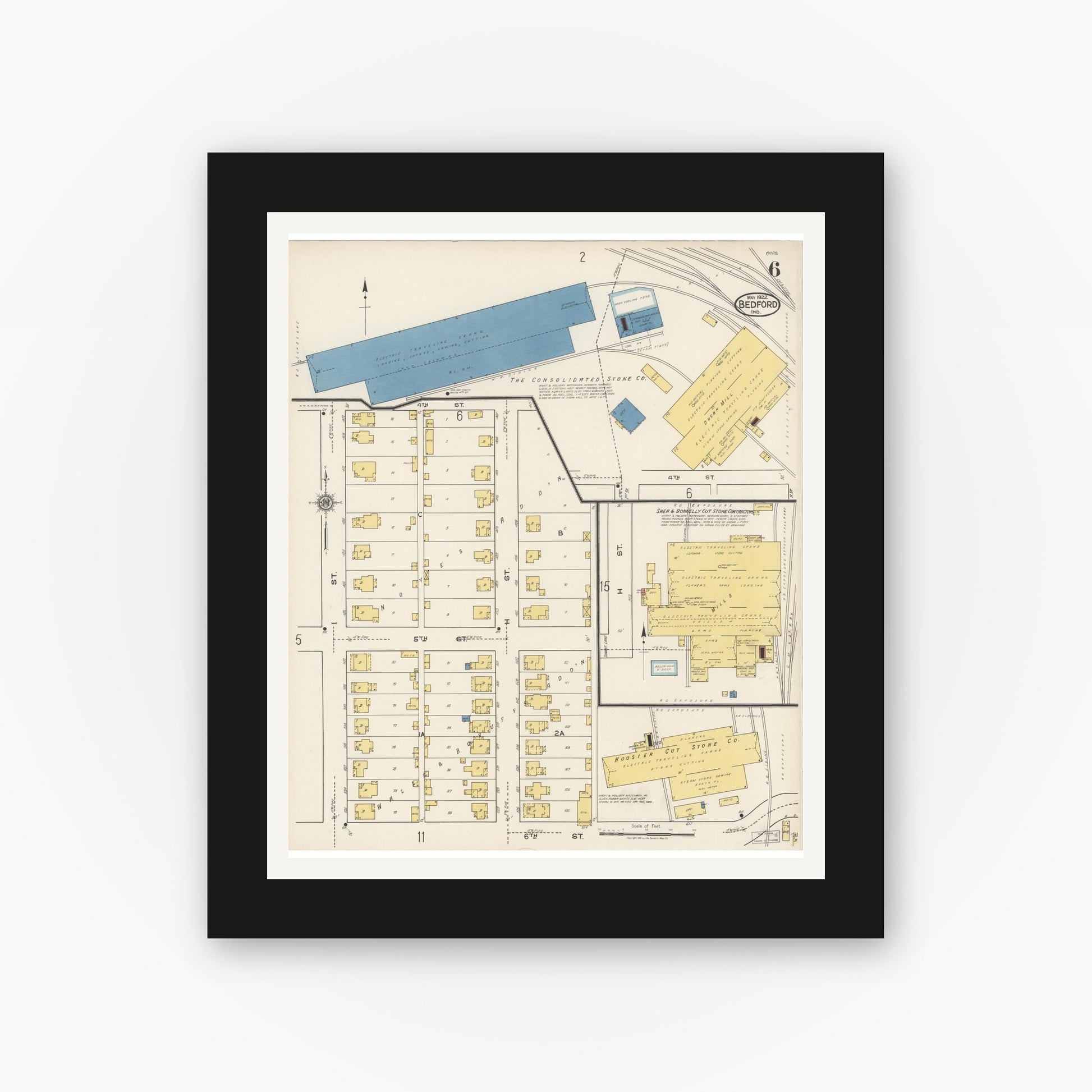 Old map wall art mockup — black gallery frame with white mat — Sanborn Fire Insurance Map from Bedford, Lawrence County, Indiana (1922), Sheet #0006
