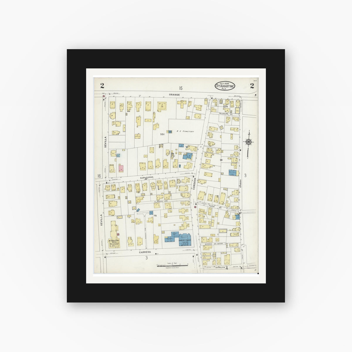 Old map wall art mockup — black gallery frame with white mat — Sanborn Fire Insurance Map from Saint Augustine, Saint John's County, Florida (1924), Sheet #0002