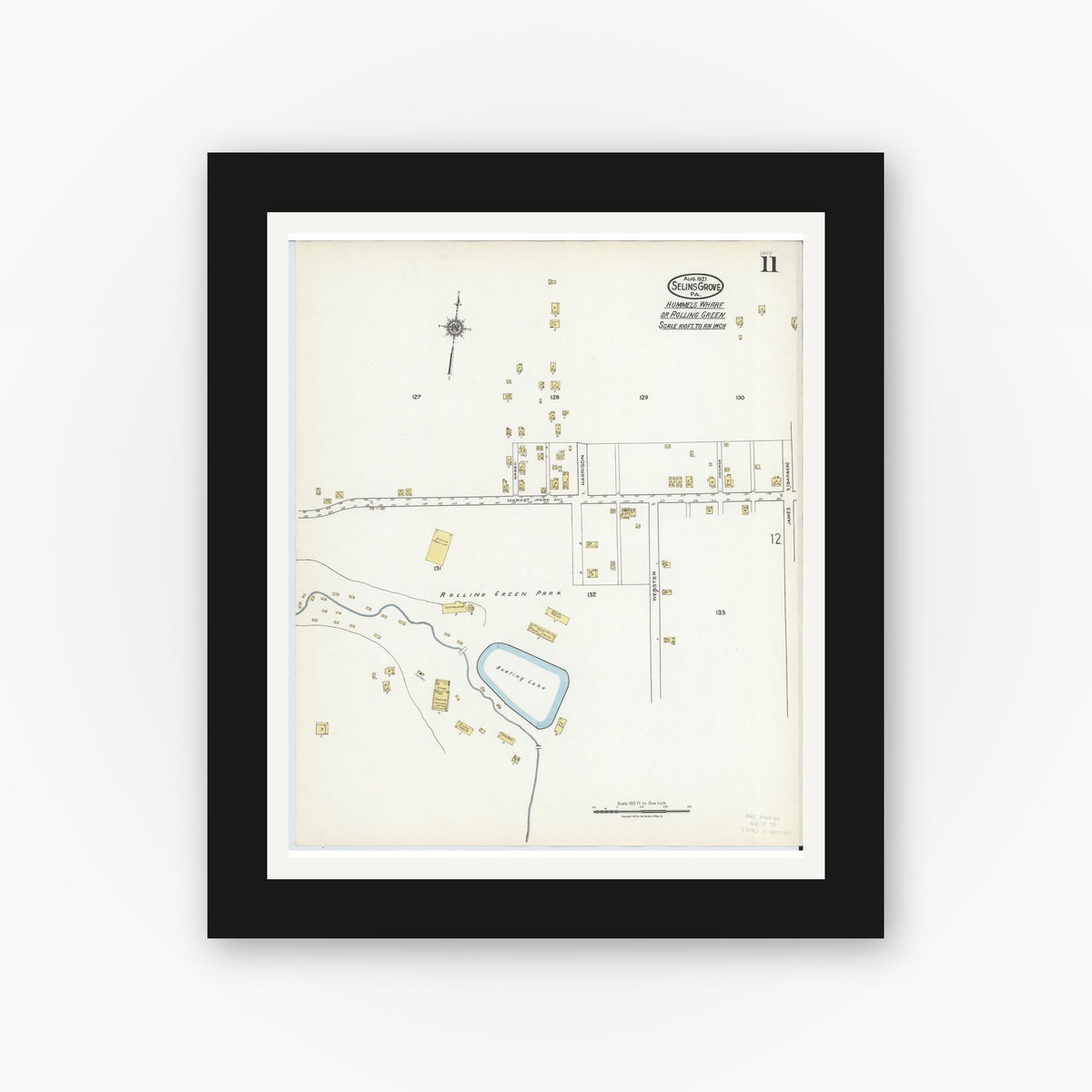Old map wall art mockup — black gallery frame with white mat — Sanborn Fire Insurance Map from Selins Grove, Snyder County, Pennsylvania (1921), Sheet #0011