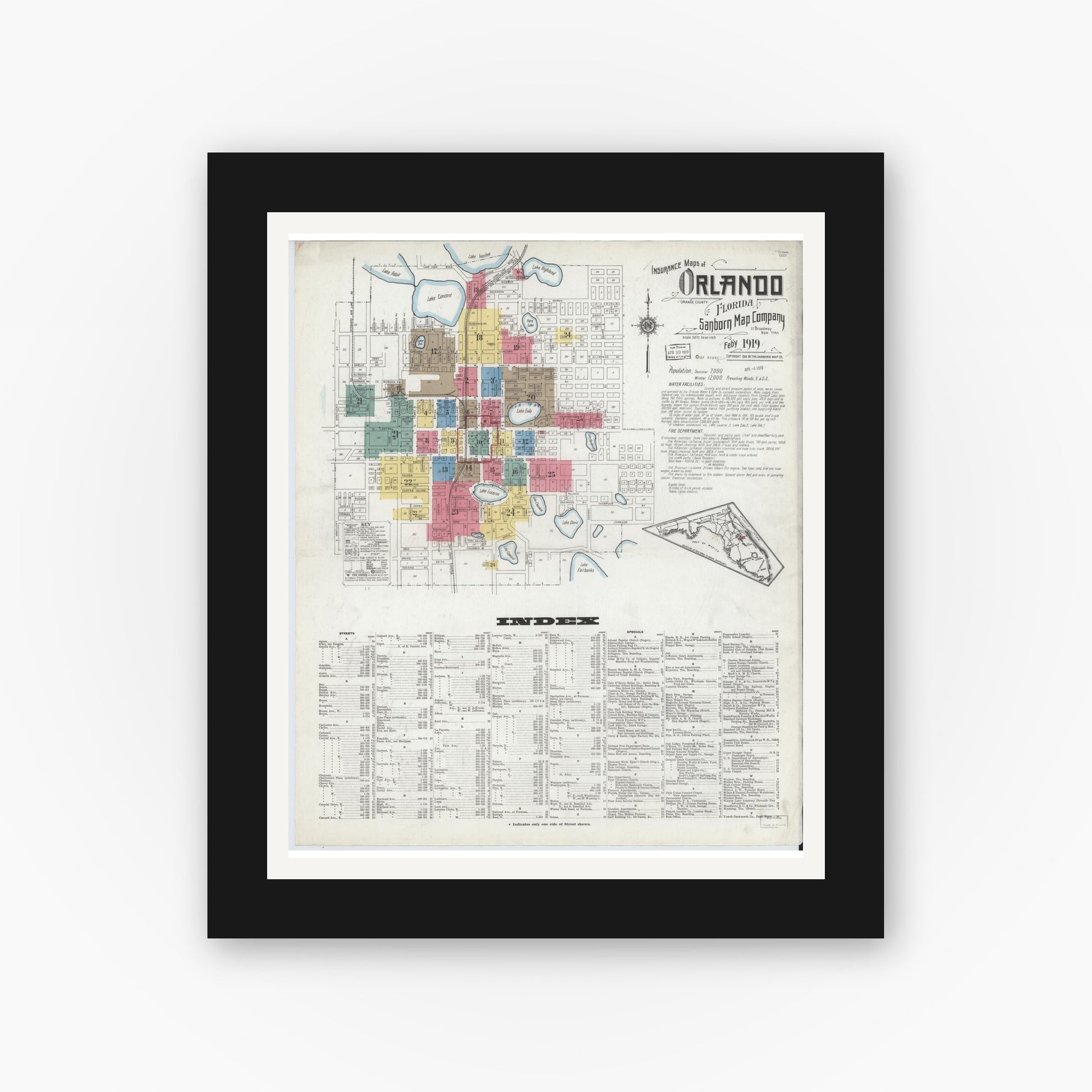 Old map wall art mockup — black gallery frame with white mat — Sanborn Fire Insurance Map from Orlando, Orange County, Florida (1919) - Complete Map Set
