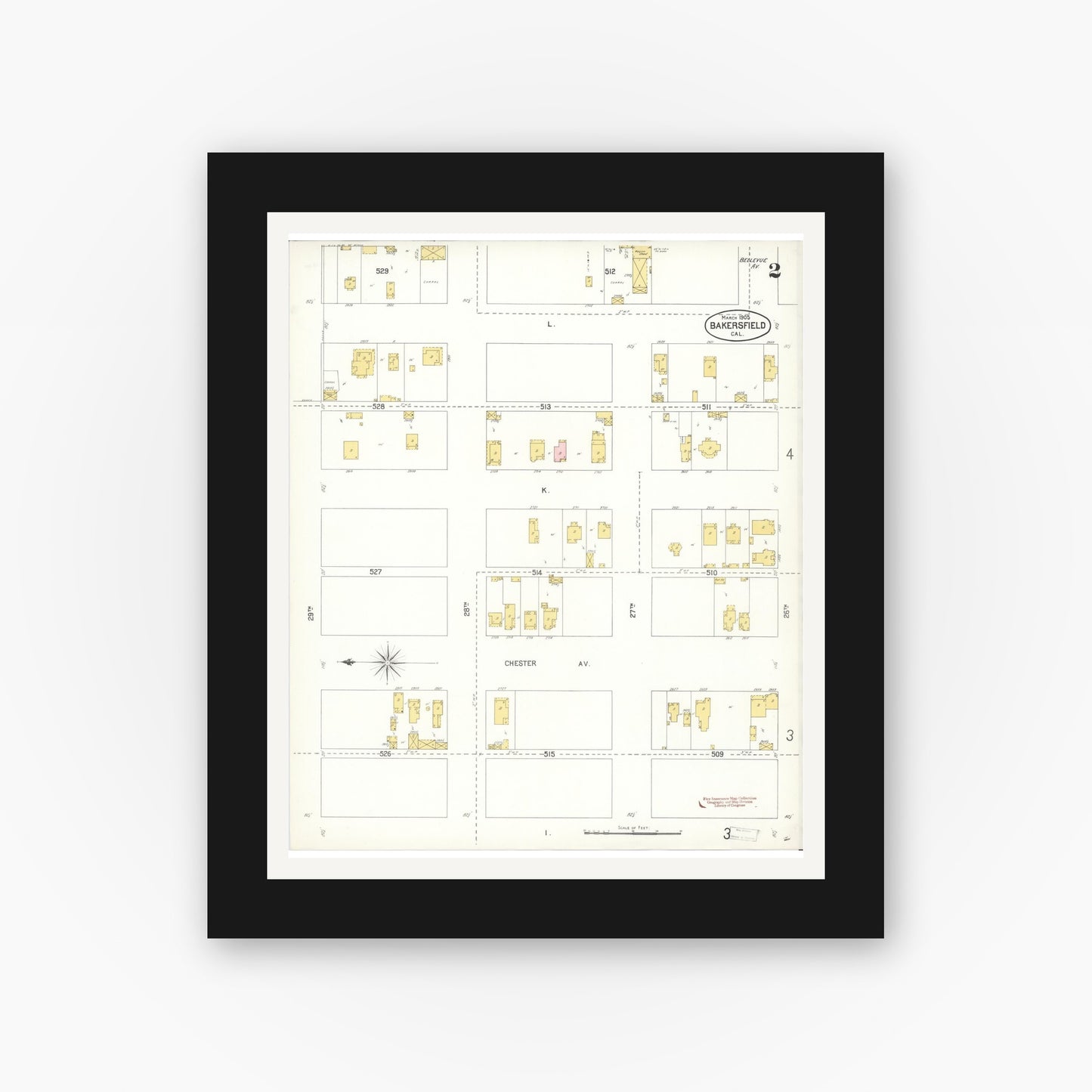 Old map wall art mockup — black gallery frame with white mat — Sanborn Fire Insurance Map from Bakersfield, Kern County, California (1905), Sheet #0002