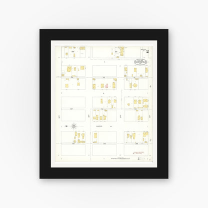 Old map wall art mockup — black gallery frame with white mat — Sanborn Fire Insurance Map from Bakersfield, Kern County, California (1905), Sheet #0002