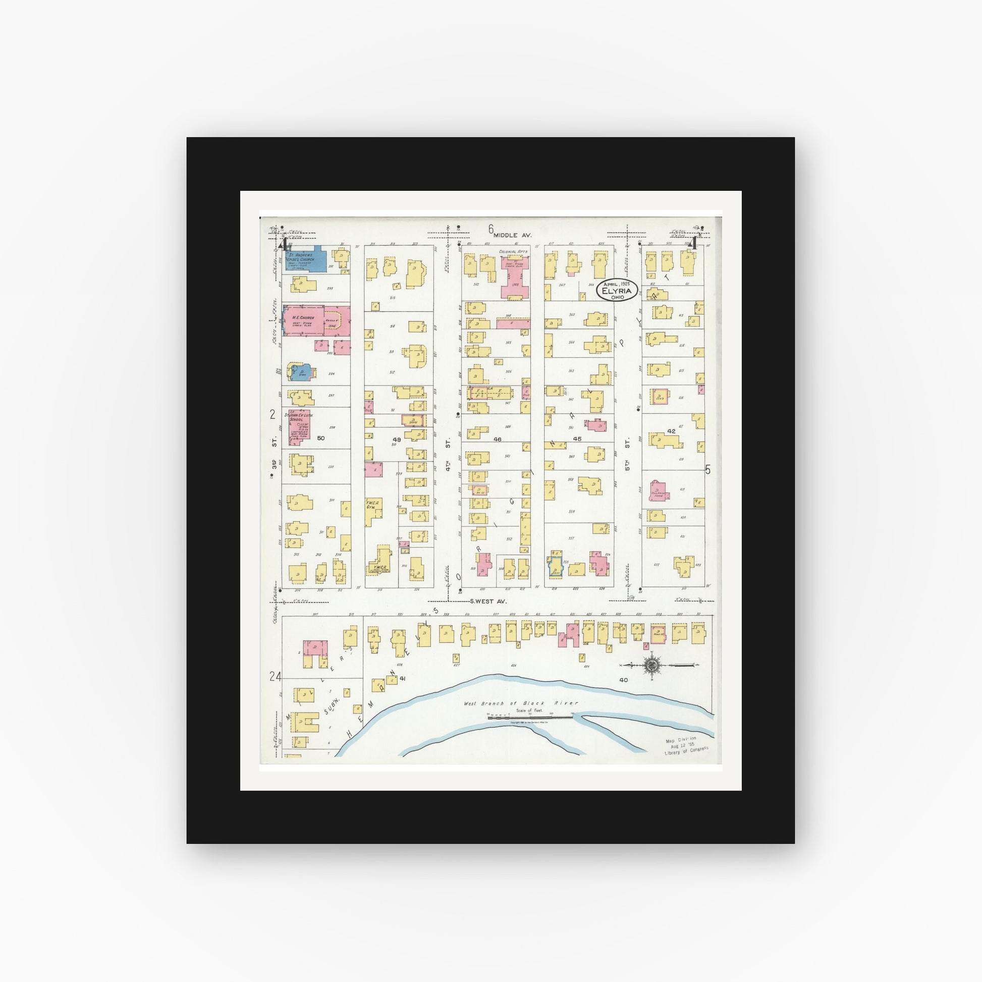 Old map wall art mockup — black gallery frame with white mat — Sanborn Fire Insurance Map from Elyria, Lorain County, Ohio (1925), Sheet #0004