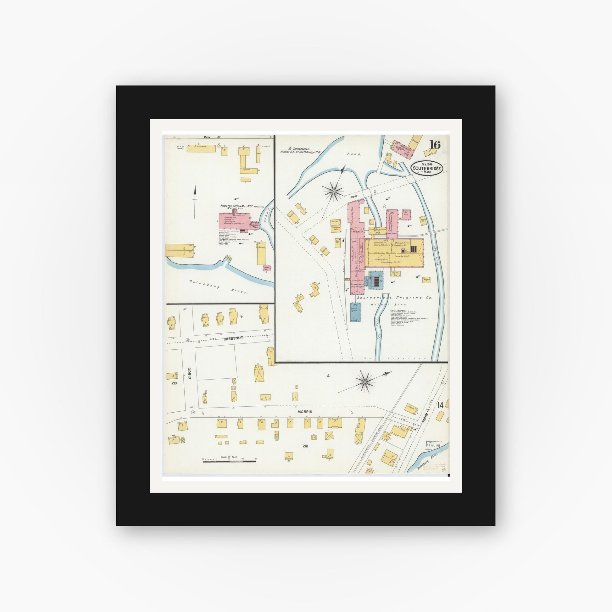 Old map wall art mockup — black gallery frame with white mat — Sanborn Fire Insurance Map from Southbridge, Worcester County, Massachusetts (1904), Sheet #0016