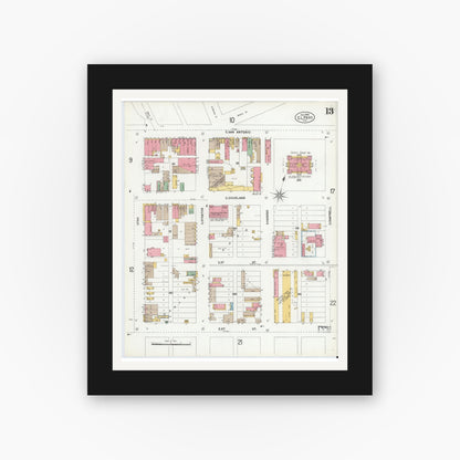 Old map wall art mockup — black gallery frame with white mat — Sanborn Fire Insurance Map from El Paso, El Paso County, Texas (1900), Sheet #0013