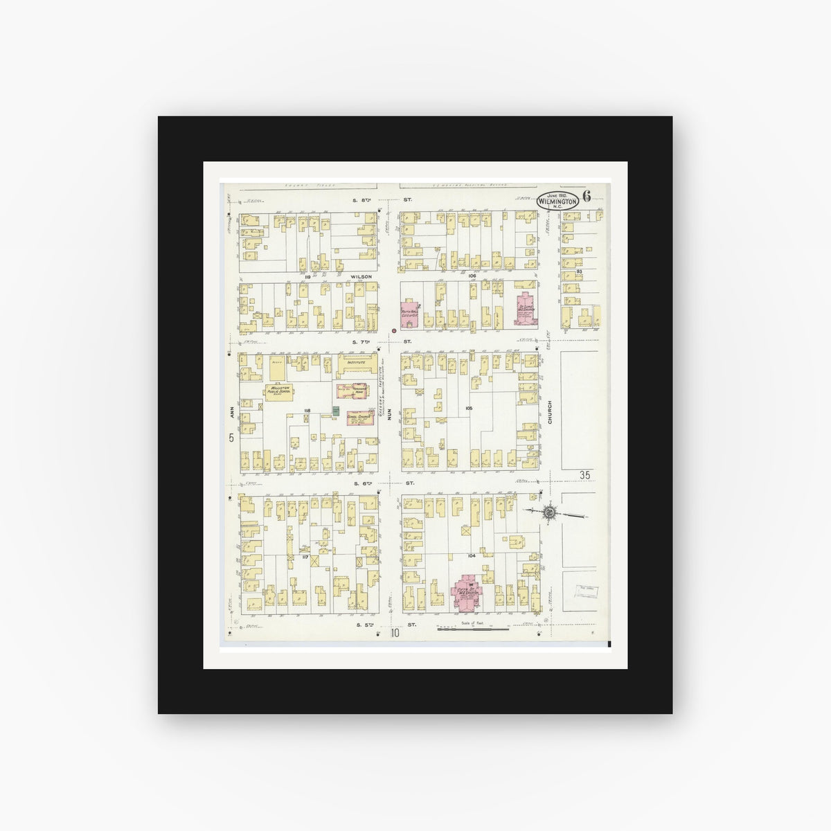 Old map wall art mockup — black gallery frame with white mat — Sanborn Fire Insurance Map from Wilmington, New Hanover County, North Carolina (1910), Sheet #0006
