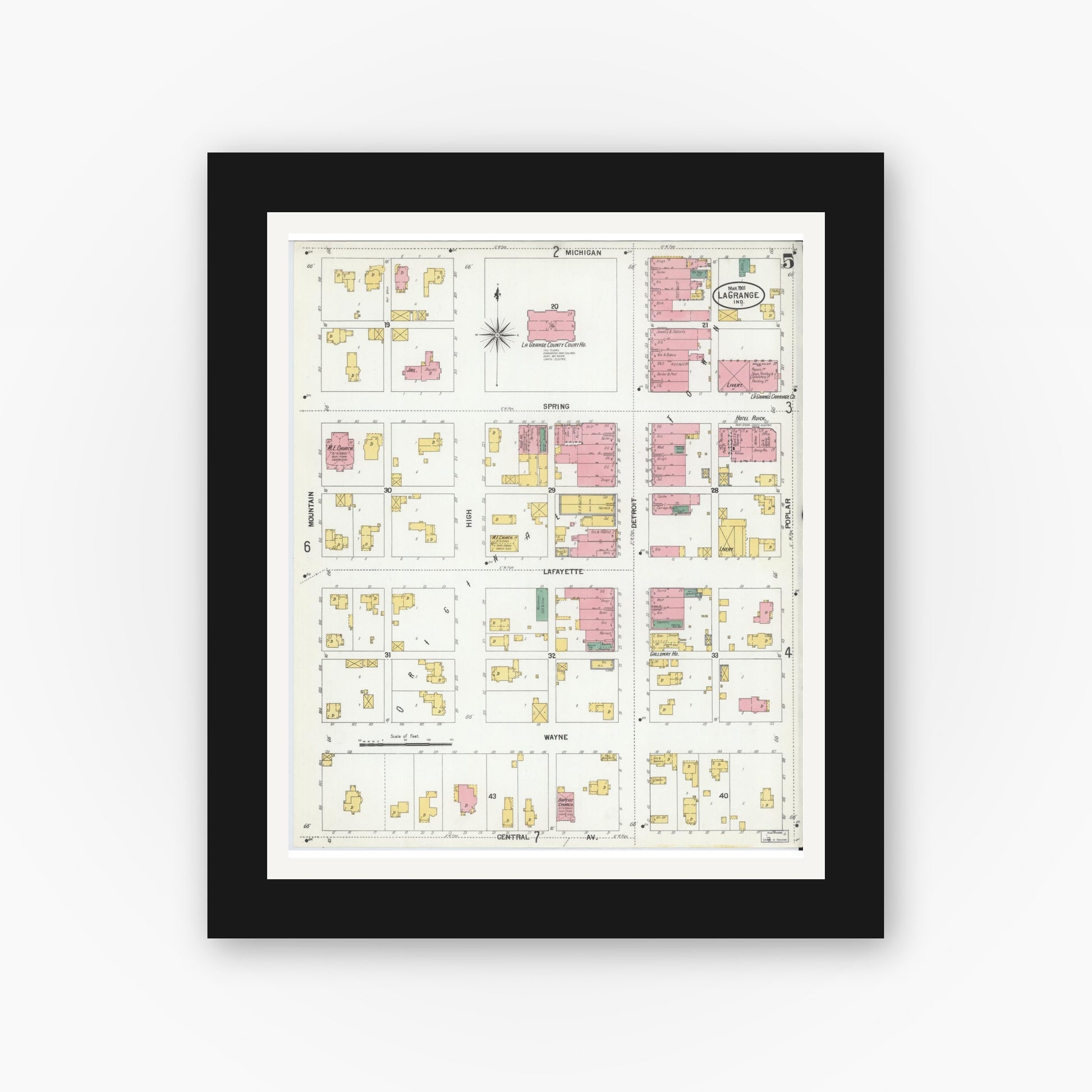 Old map wall art mockup — black gallery frame with white mat — Sanborn Fire Insurance Map from Lagrange, LaGrange County, Indiana (1901), Sheet #0005