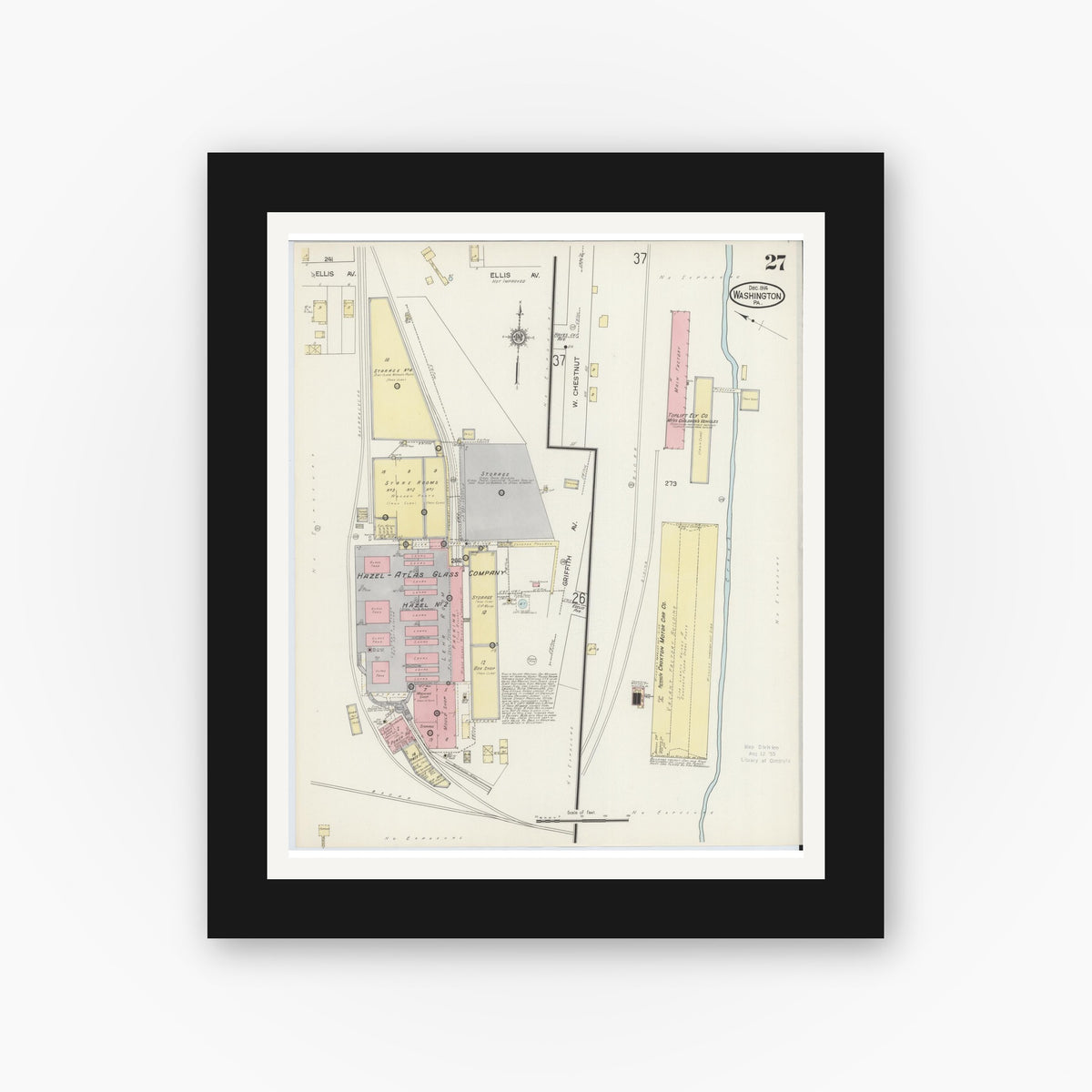 Old map wall art mockup — black gallery frame with white mat — Sanborn Fire Insurance Map from Washington, Washington County, Pennsylvania (1914), Sheet #0027