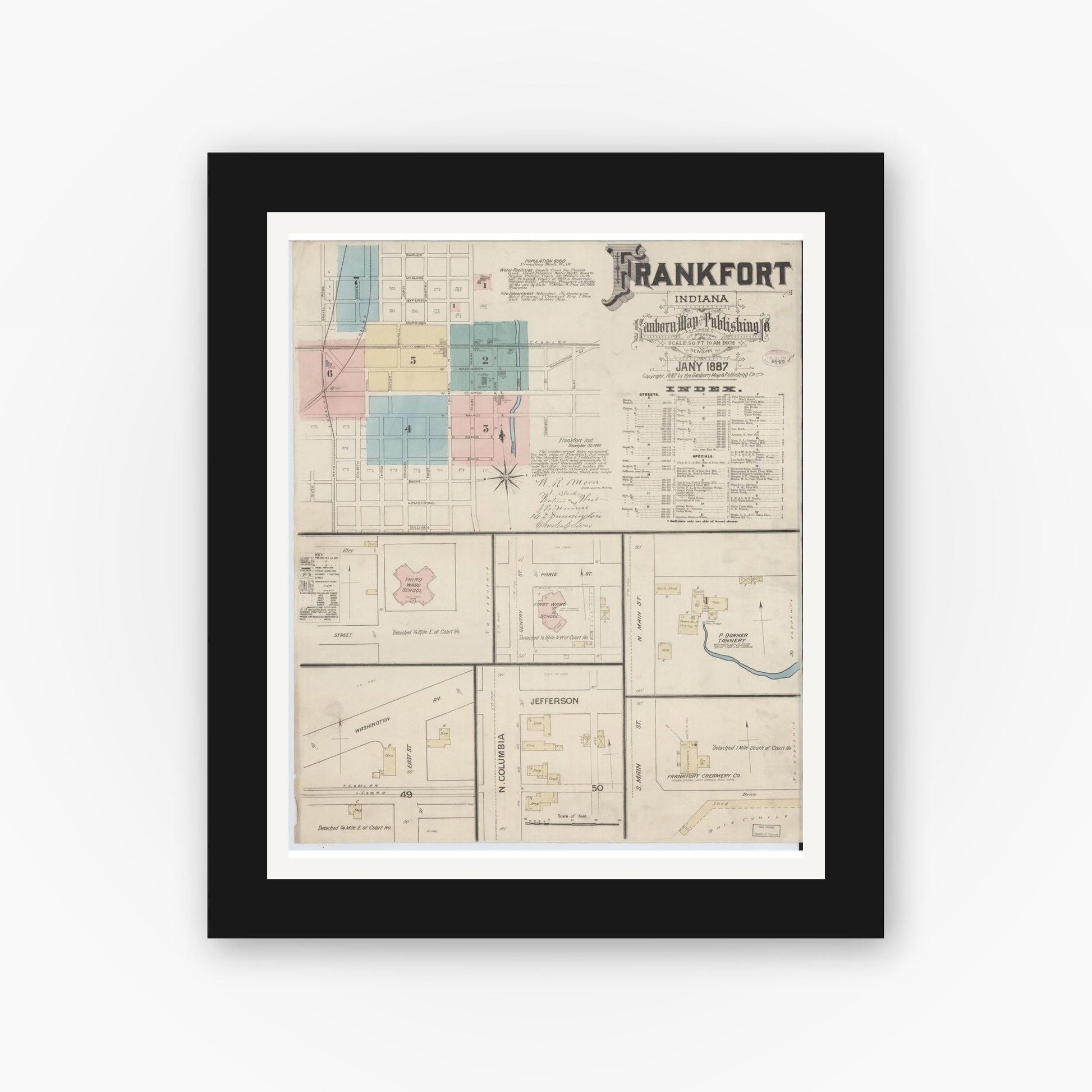 Old map wall art mockup — black gallery frame with white mat — Sanborn Fire Insurance Map from Frankfort, Clinton County, Indiana (1887) - Complete Map Set