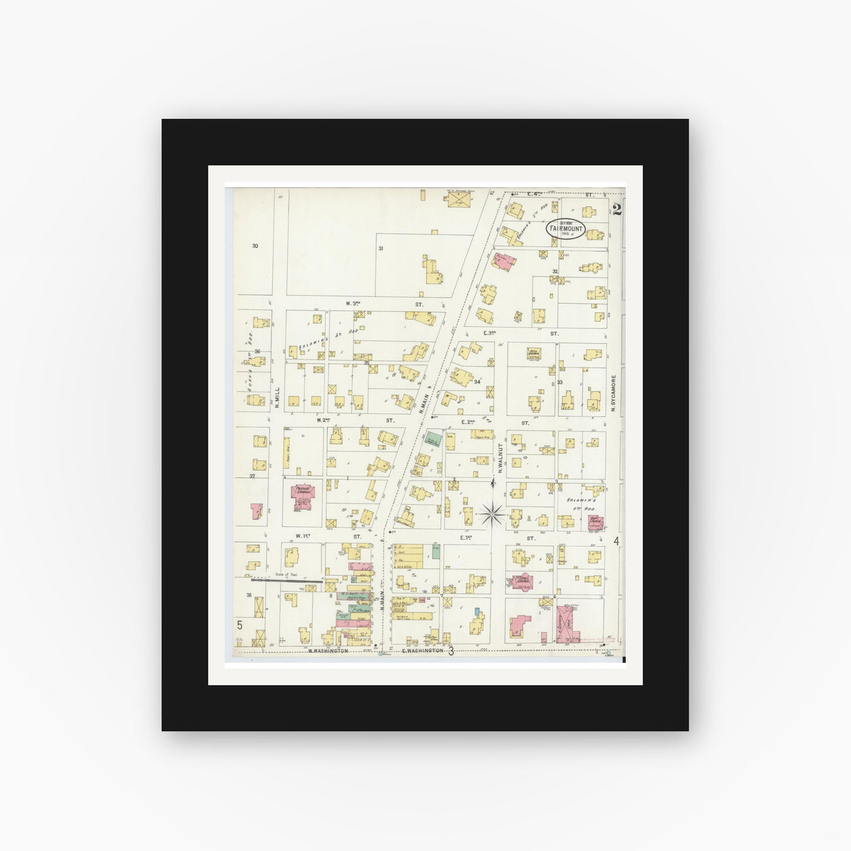 Old map wall art mockup — black gallery frame with white mat — Sanborn Fire Insurance Map from Fairmount, Grant County, Indiana (1898), Sheet #0002