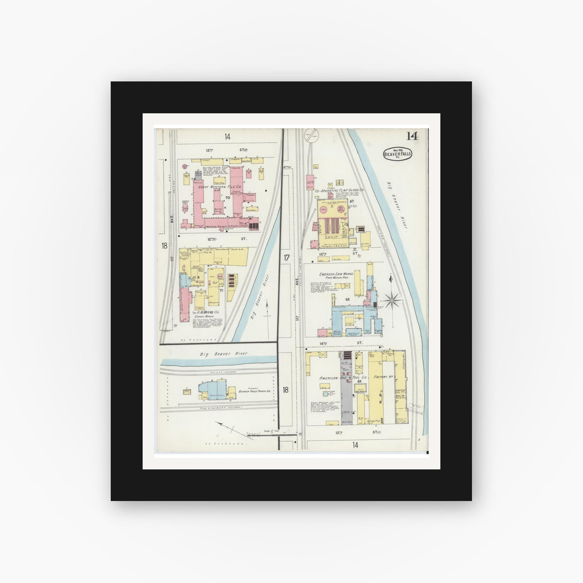 Old map wall art mockup — black gallery frame with white mat — Sanborn Fire Insurance Map from Beaver Falls, Beaver County, Pennsylvania (1896), Sheet #0014