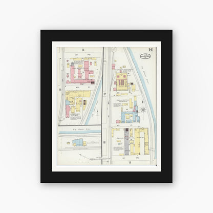 Old map wall art mockup — black gallery frame with white mat — Sanborn Fire Insurance Map from Beaver Falls, Beaver County, Pennsylvania (1896), Sheet #0014