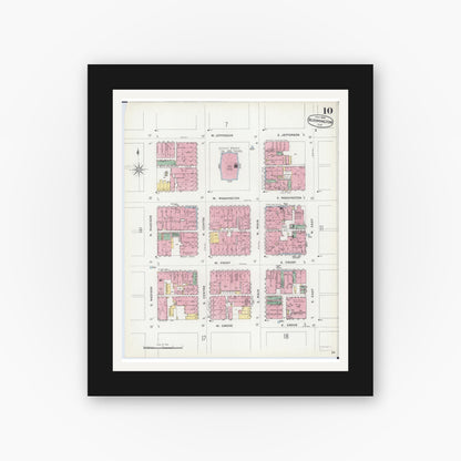 Old map wall art mockup — black gallery frame with white mat — Sanborn Fire Insurance Map from Bloomington, McLean County, Illinois (1896), Sheet #0010