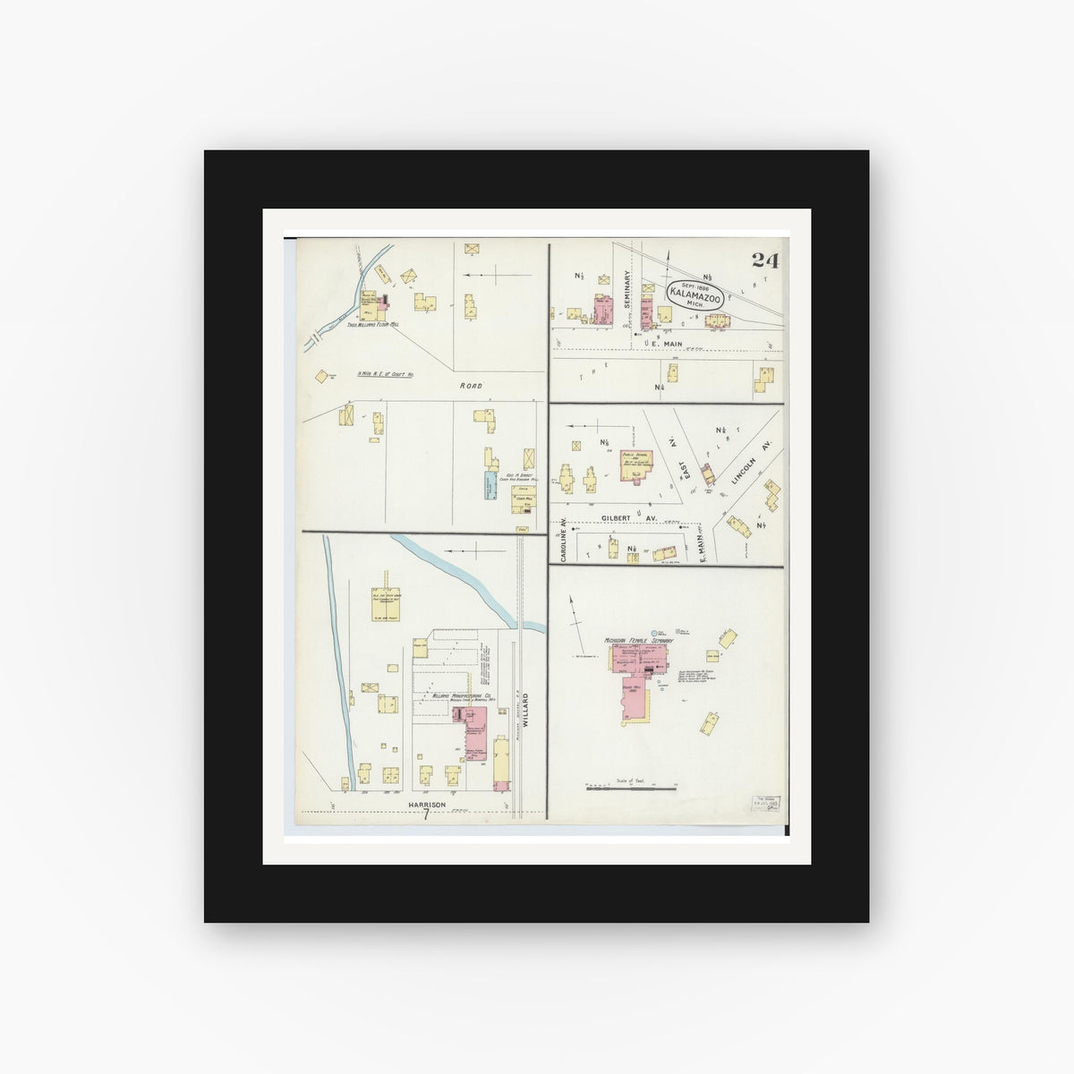 Old map wall art mockup — black gallery frame with white mat — Sanborn Fire Insurance Map from Kalamazoo, Kalamazoo County, Michigan (1896), Sheet #0024