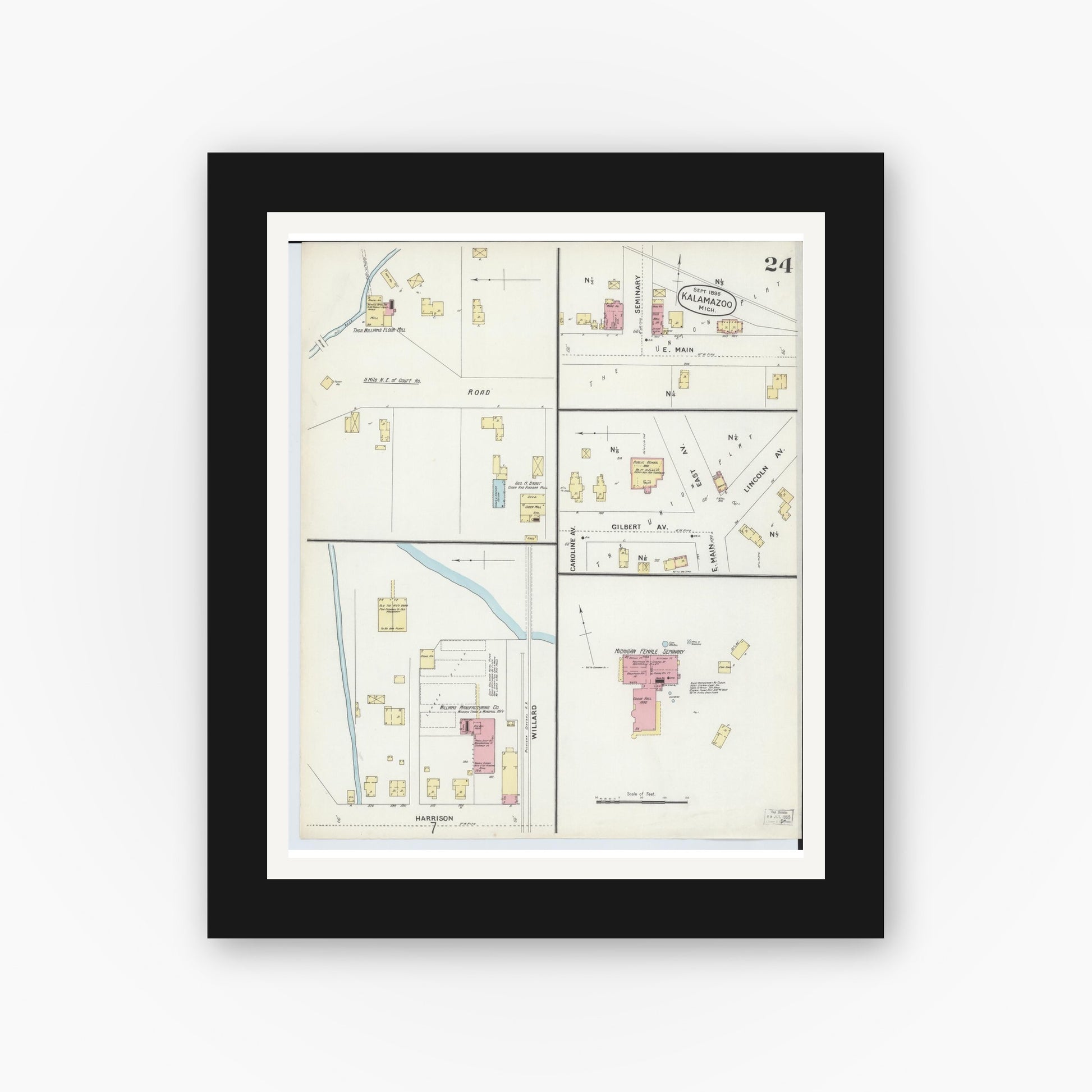 Old map wall art mockup — black gallery frame with white mat — Sanborn Fire Insurance Map from Kalamazoo, Kalamazoo County, Michigan (1896), Sheet #0024