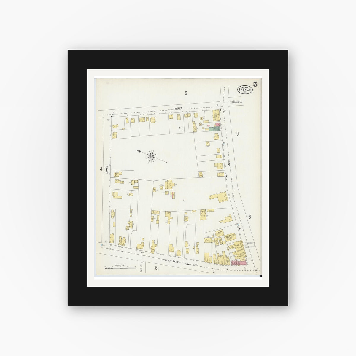 Old map wall art mockup — black gallery frame with white mat — Sanborn Fire Insurance Map from Babylon, Suffolk County, New York (1902), Sheet #0005