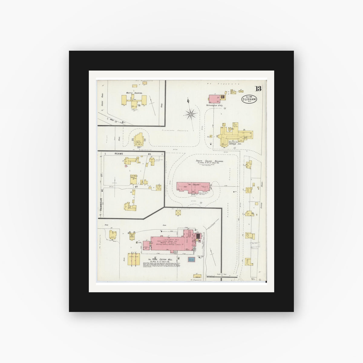 Old map wall art mockup — black gallery frame with white mat — Sanborn Fire Insurance Map from Durham, Durham County, North Carolina (1898), Sheet #0013