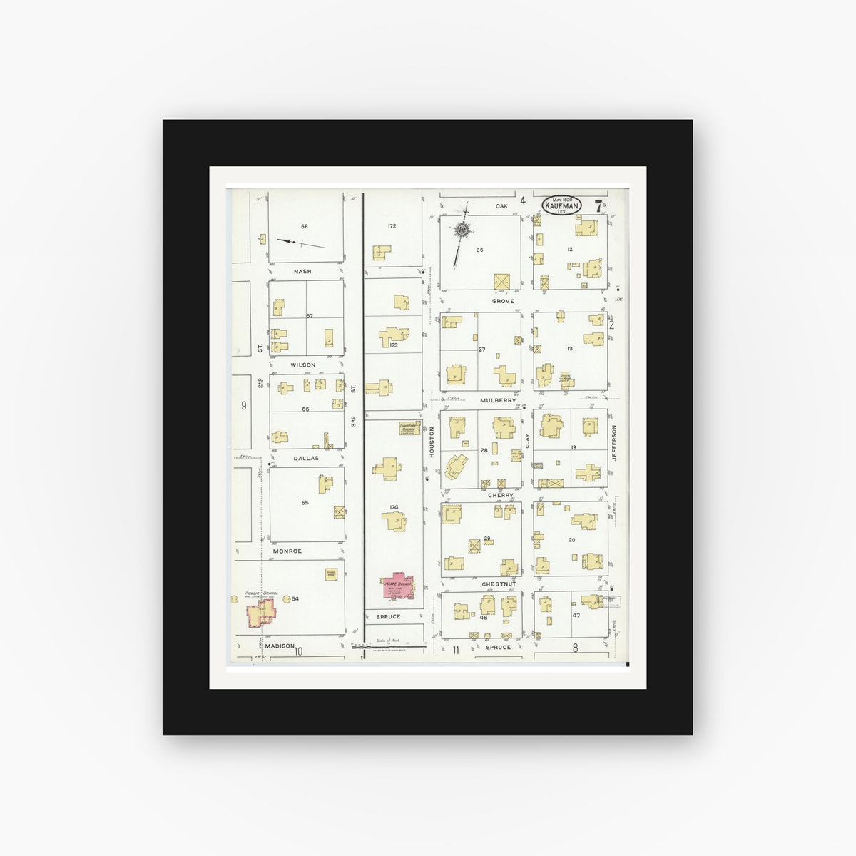 Old map wall art mockup — black gallery frame with white mat — Sanborn Fire Insurance Map from Kaufman, Kaufman County, Texas (1920), Sheet #0007