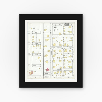 Old map wall art mockup — black gallery frame with white mat — Sanborn Fire Insurance Map from Kaufman, Kaufman County, Texas (1920), Sheet #0007