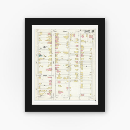 Old map wall art mockup — black gallery frame with white mat — Sanborn Fire Insurance Map from Hanover, York County, Pennsylvania (1909), Sheet #0018