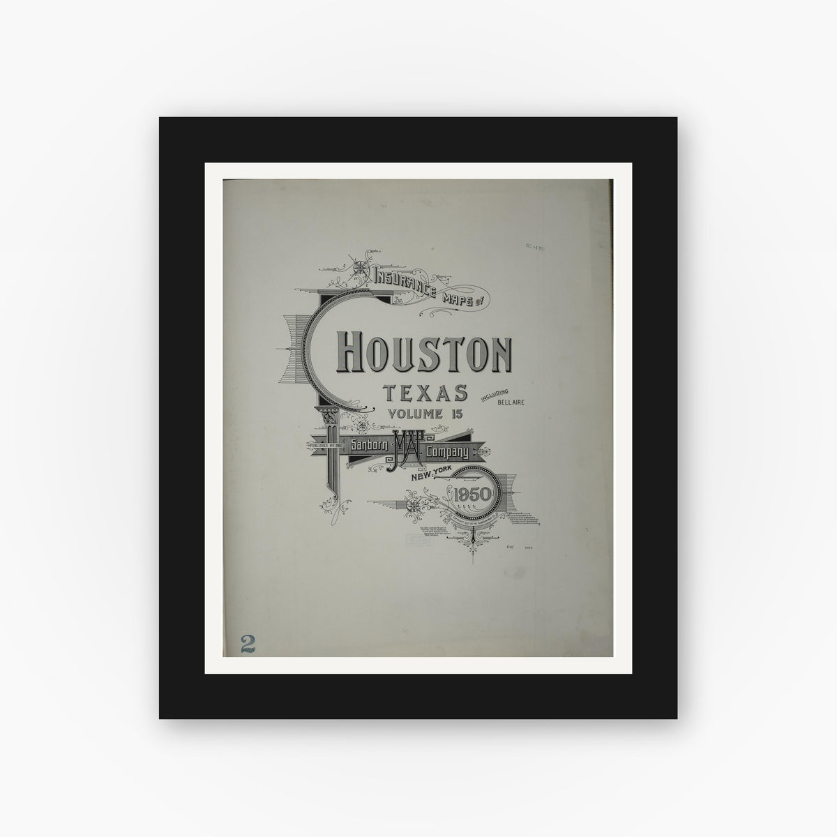 Old map wall art mockup — black gallery frame with white mat — Sanborn Fire Insurance Map from Houston, Harris County, Texas (1950) - Complete Map Set