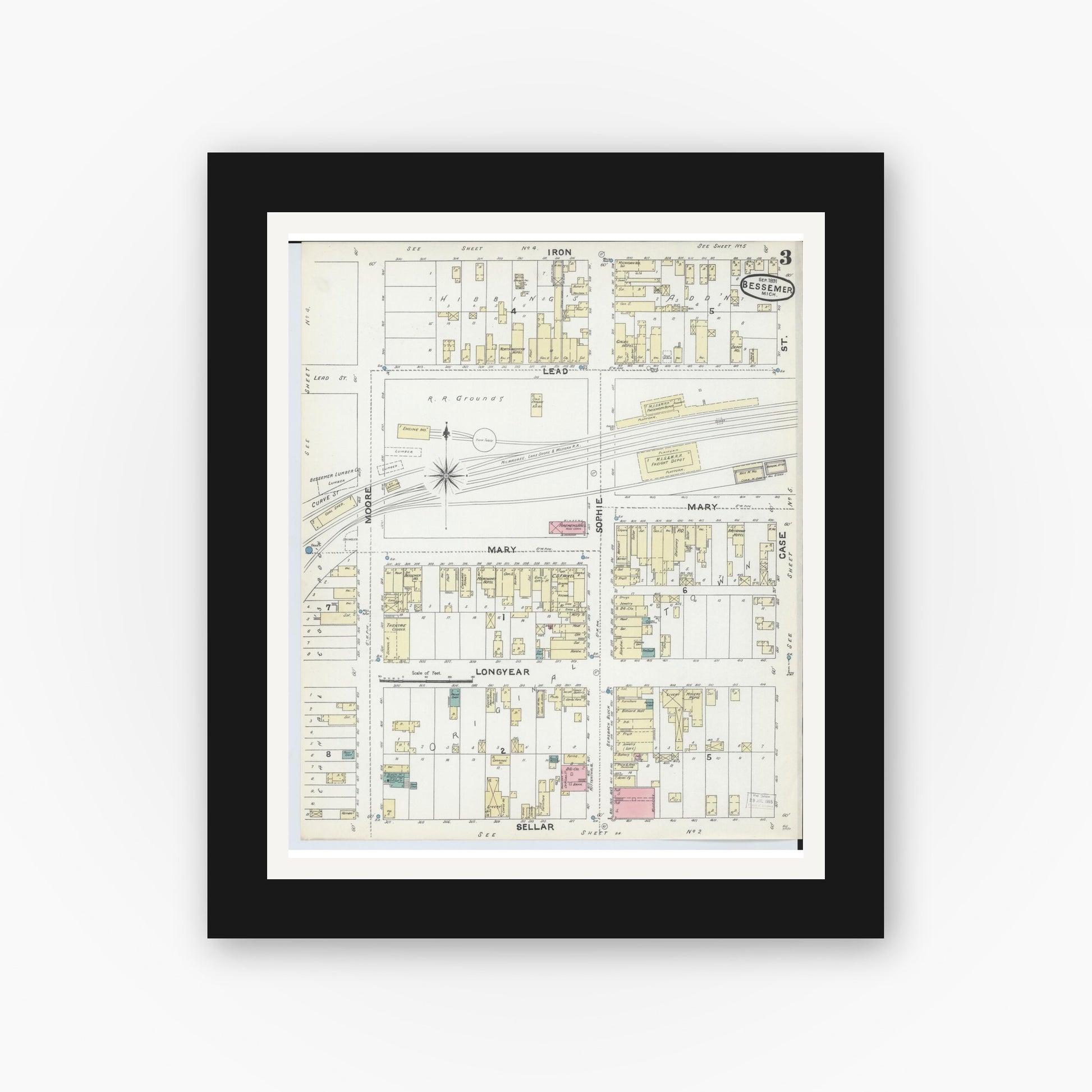 Old map wall art mockup — black gallery frame with white mat — Sanborn Fire Insurance Map from Bessemer, Gogebic County, Michigan (1891), Sheet #0003