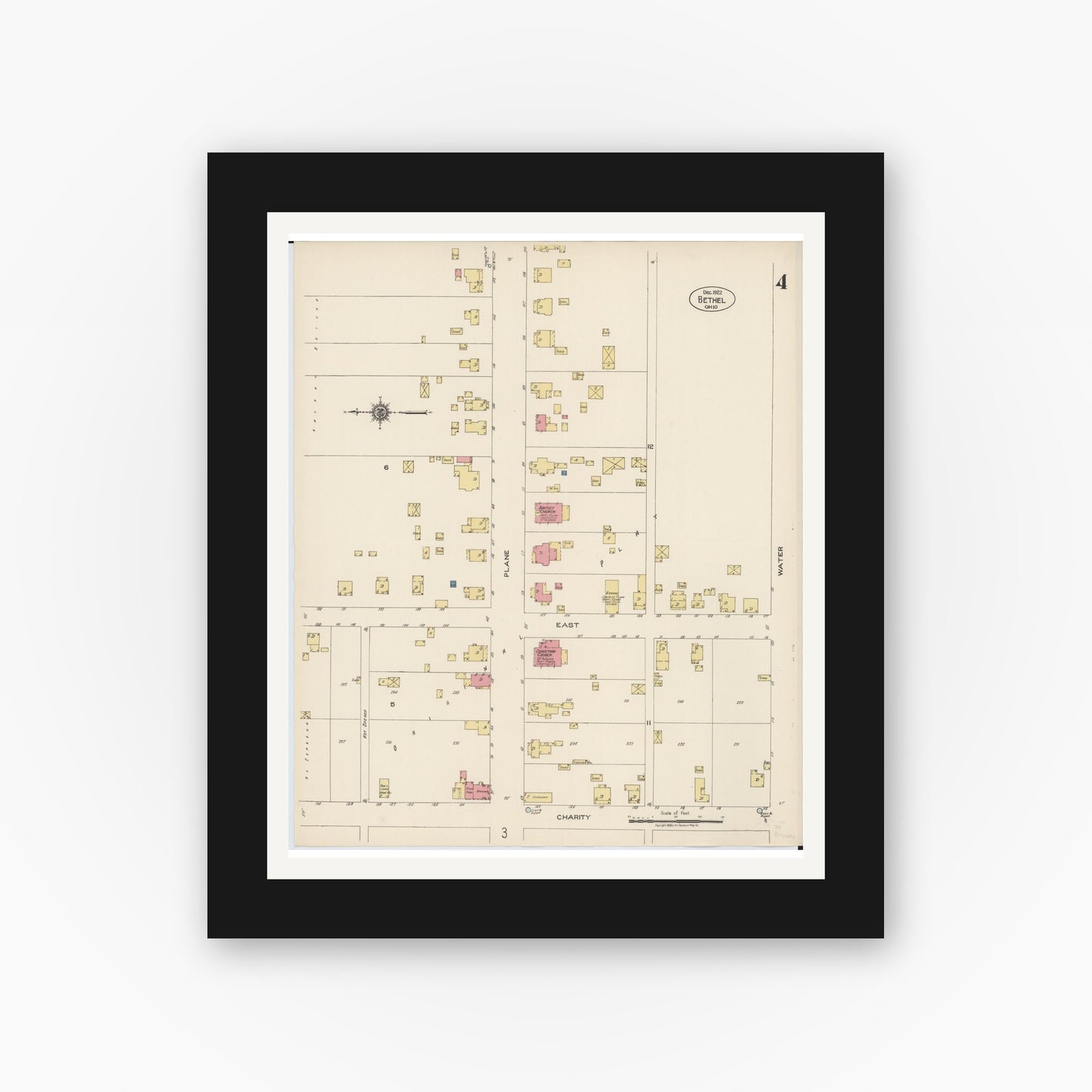 Old map wall art mockup — black gallery frame with white mat — Sanborn Fire Insurance Map from Bethel, Clermont County, Ohio (1922), Sheet #0004