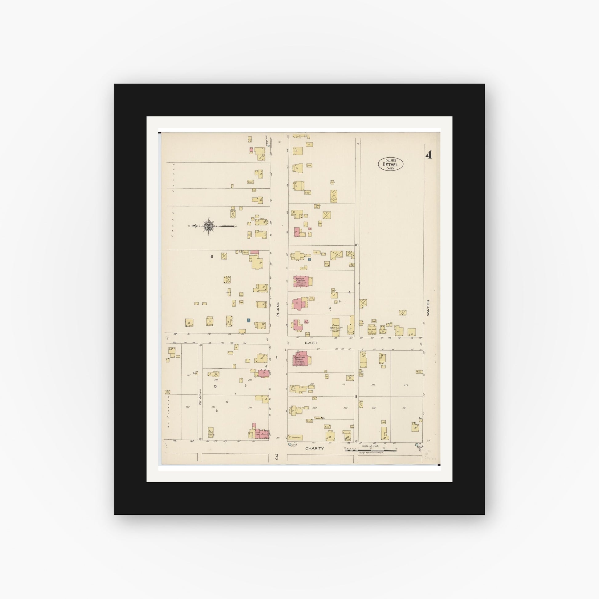 Old map wall art mockup — black gallery frame with white mat — Sanborn Fire Insurance Map from Bethel, Clermont County, Ohio (1922), Sheet #0004