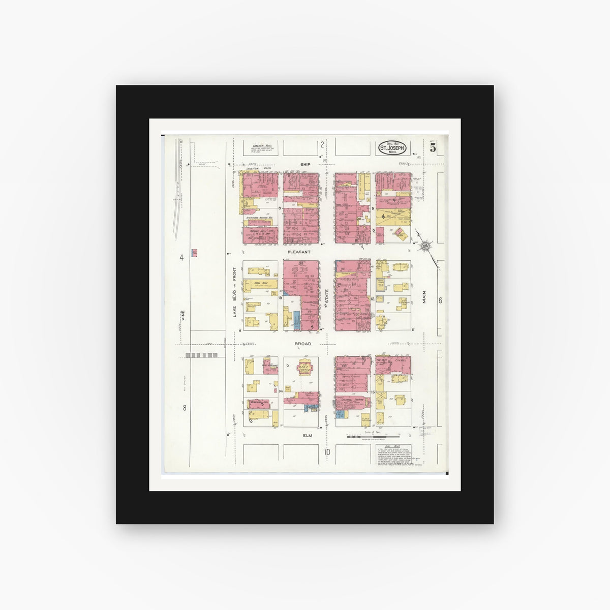 Old map wall art mockup — black gallery frame with white mat — Sanborn Fire Insurance Map from Saint Joseph, Berrien County, Michigan (1921), Sheet #0005