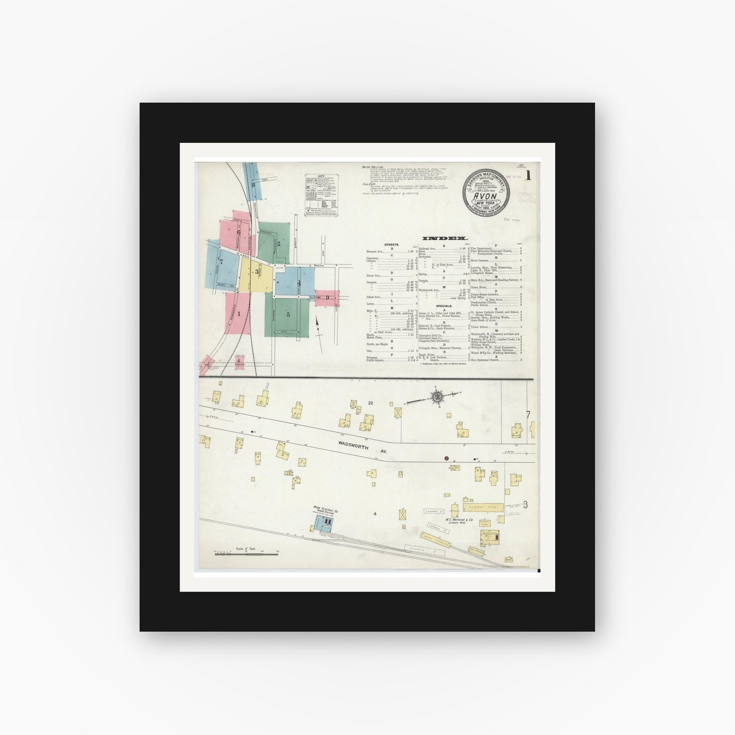 Old map wall art mockup — black gallery frame with white mat — Sanborn Fire Insurance Map from Avon, Livingston County, New York (1910), Sheet #0001