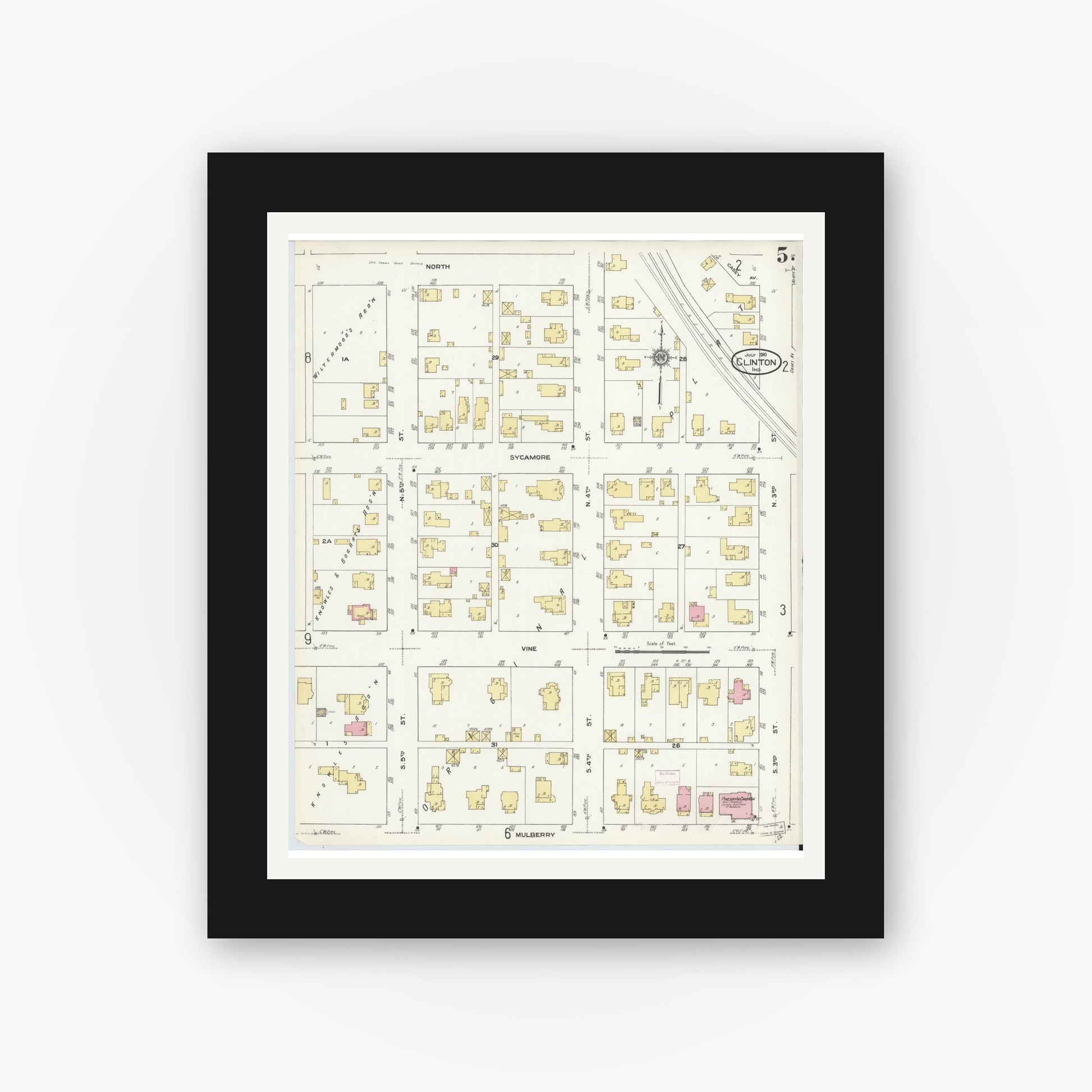 Old map wall art mockup — black gallery frame with white mat — Sanborn Fire Insurance Map from Clinton, Vermillion County, Indiana (1910), Sheet #0005