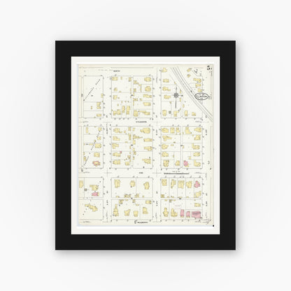 Old map wall art mockup — black gallery frame with white mat — Sanborn Fire Insurance Map from Clinton, Vermillion County, Indiana (1910), Sheet #0005