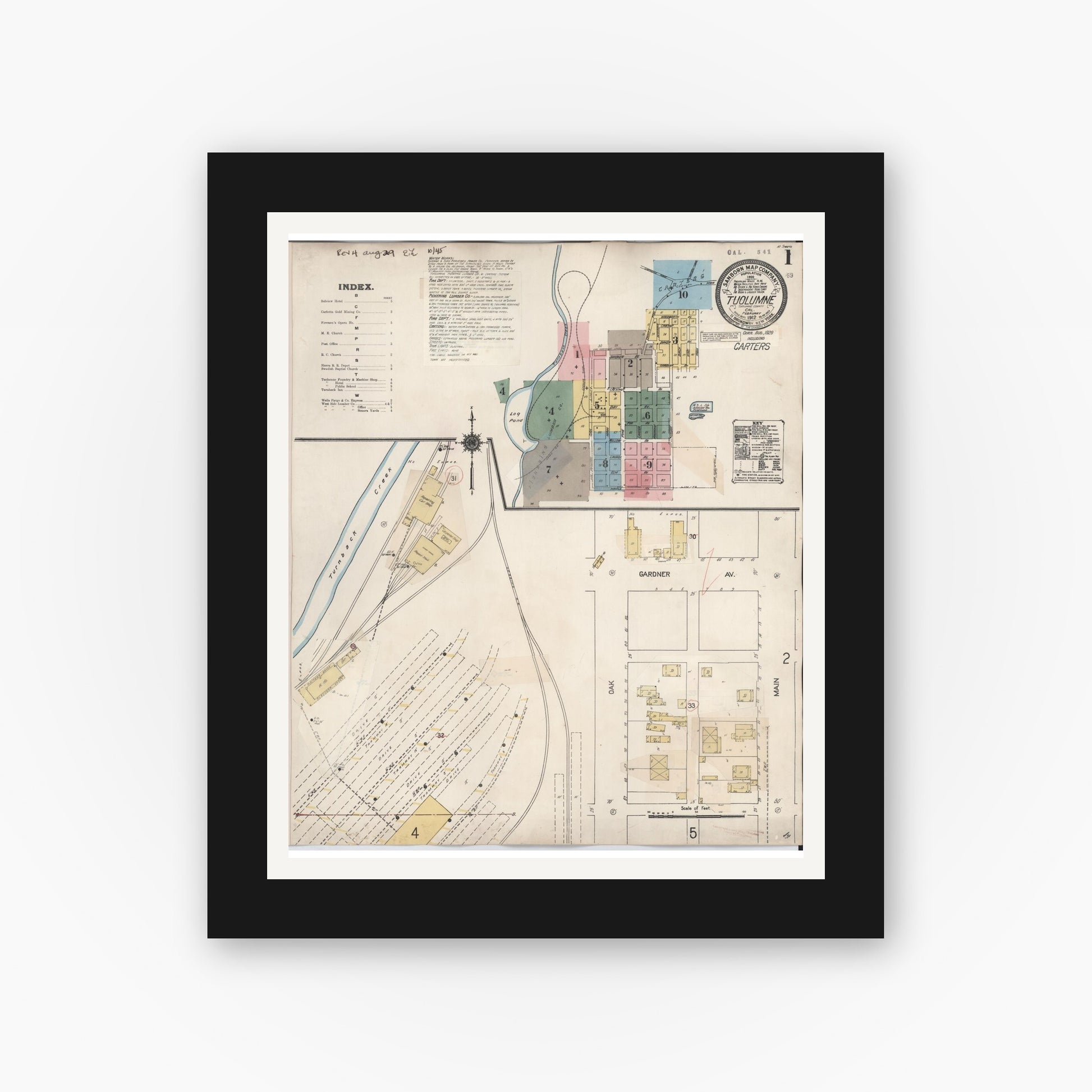 Old map wall art mockup — black gallery frame with white mat — Sanborn Fire Insurance Map from Tuolumne, Tuolumne County, California (1929) - Complete Map Set