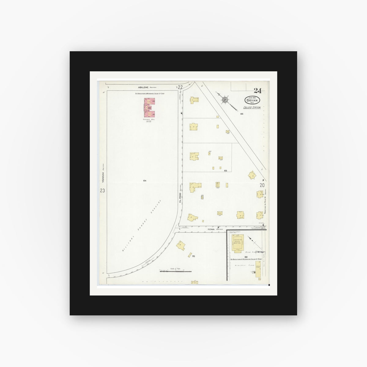 Old map wall art mockup — black gallery frame with white mat — Sanborn Fire Insurance Map from Bryan, Brazos County, Texas (1912), Sheet #0024