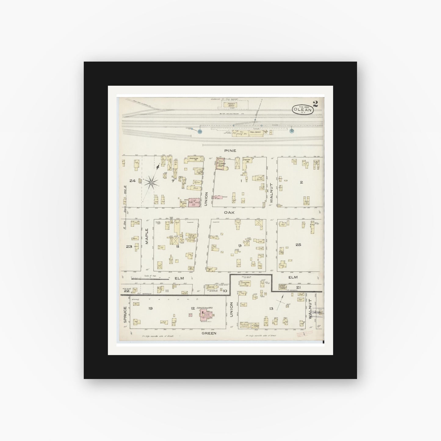 Old map wall art mockup — black gallery frame with white mat — Sanborn Fire Insurance Map from Olean, Cattaraugus County, New York (1886) - Complete Map Set