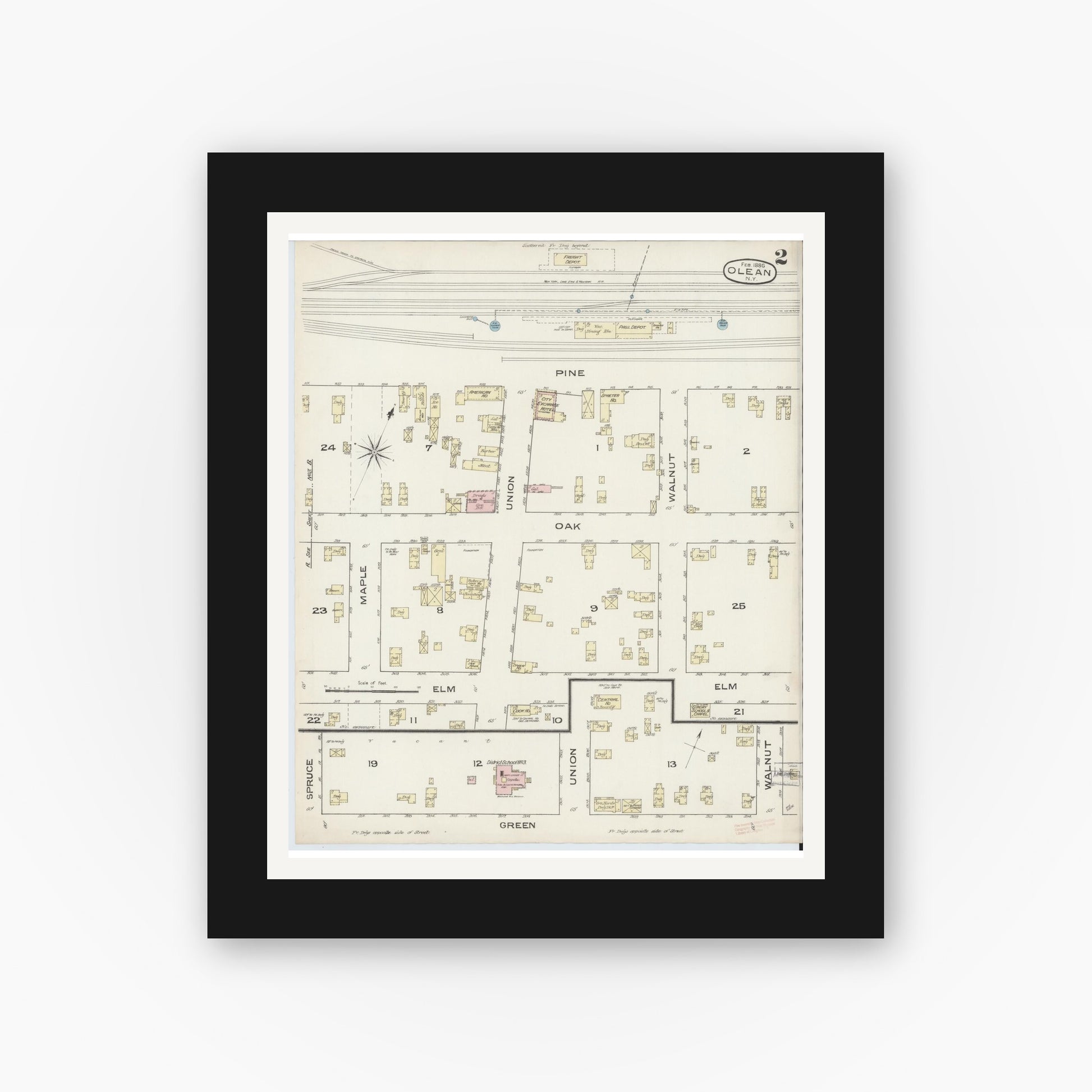 Old map wall art mockup — black gallery frame with white mat — Sanborn Fire Insurance Map from Olean, Cattaraugus County, New York (1886) - Complete Map Set