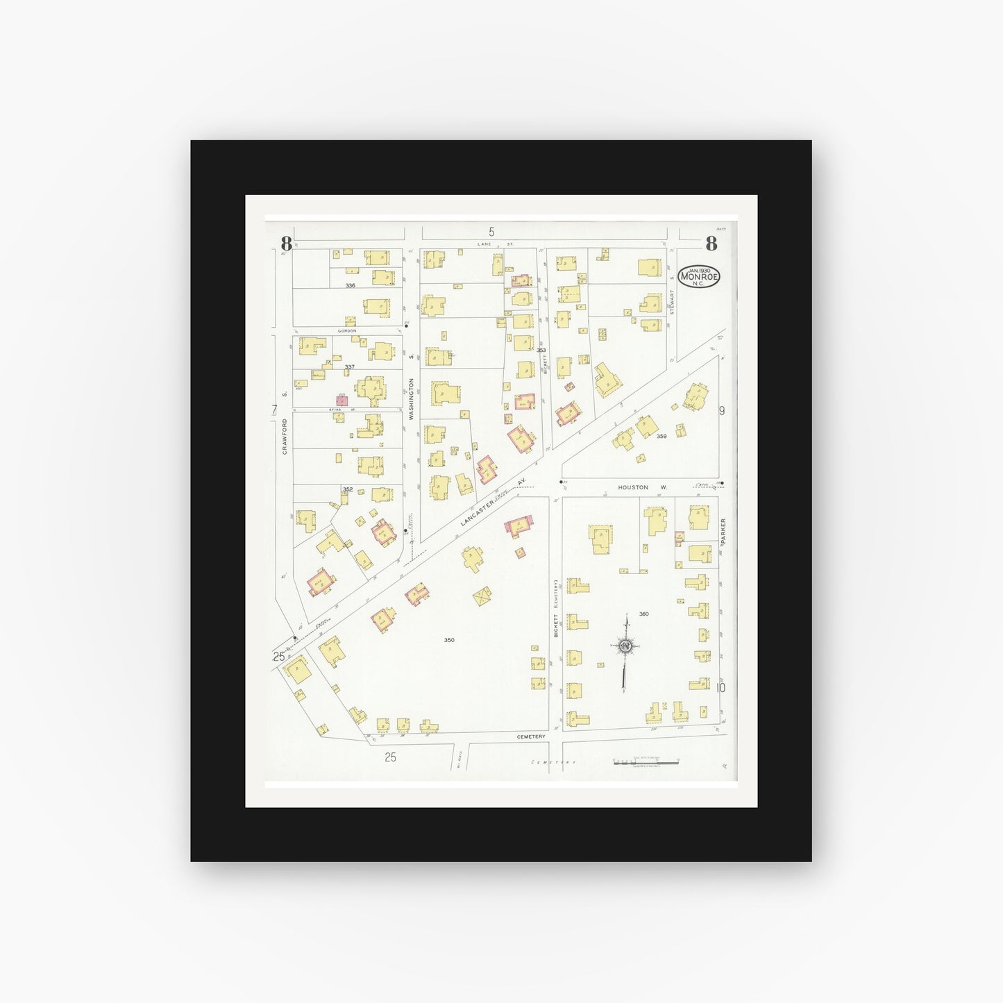 Old map wall art mockup — black gallery frame with white mat — Sanborn Fire Insurance Map from Monroe, Union County, North Carolina (1930), Sheet #0008