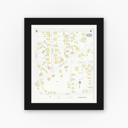 Old map wall art mockup — black gallery frame with white mat — Sanborn Fire Insurance Map from Monroe, Union County, North Carolina (1930), Sheet #0008